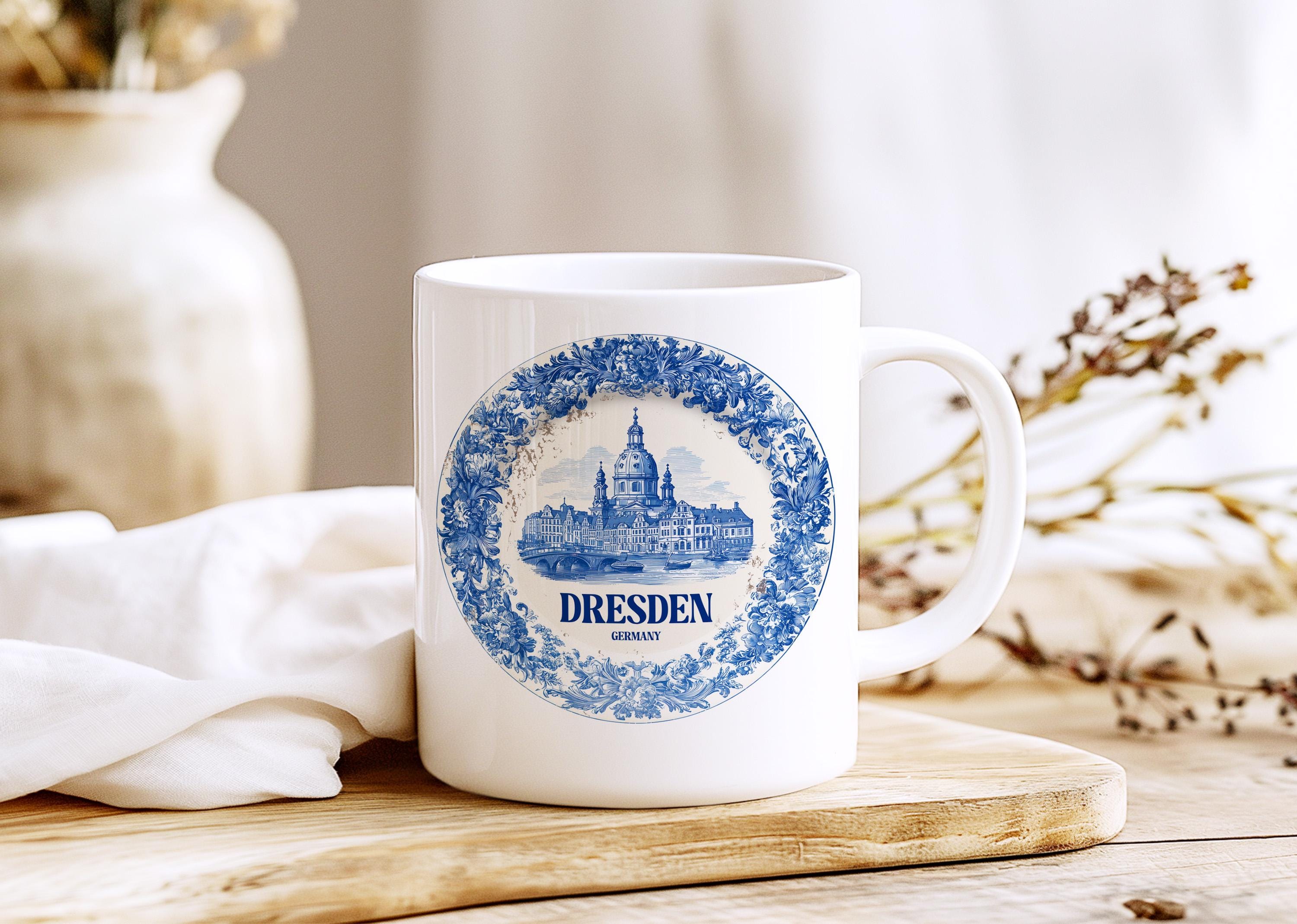 Dresden Germany Mug, Custom Delft Style cup, Personalized Vintage Travel City Gift