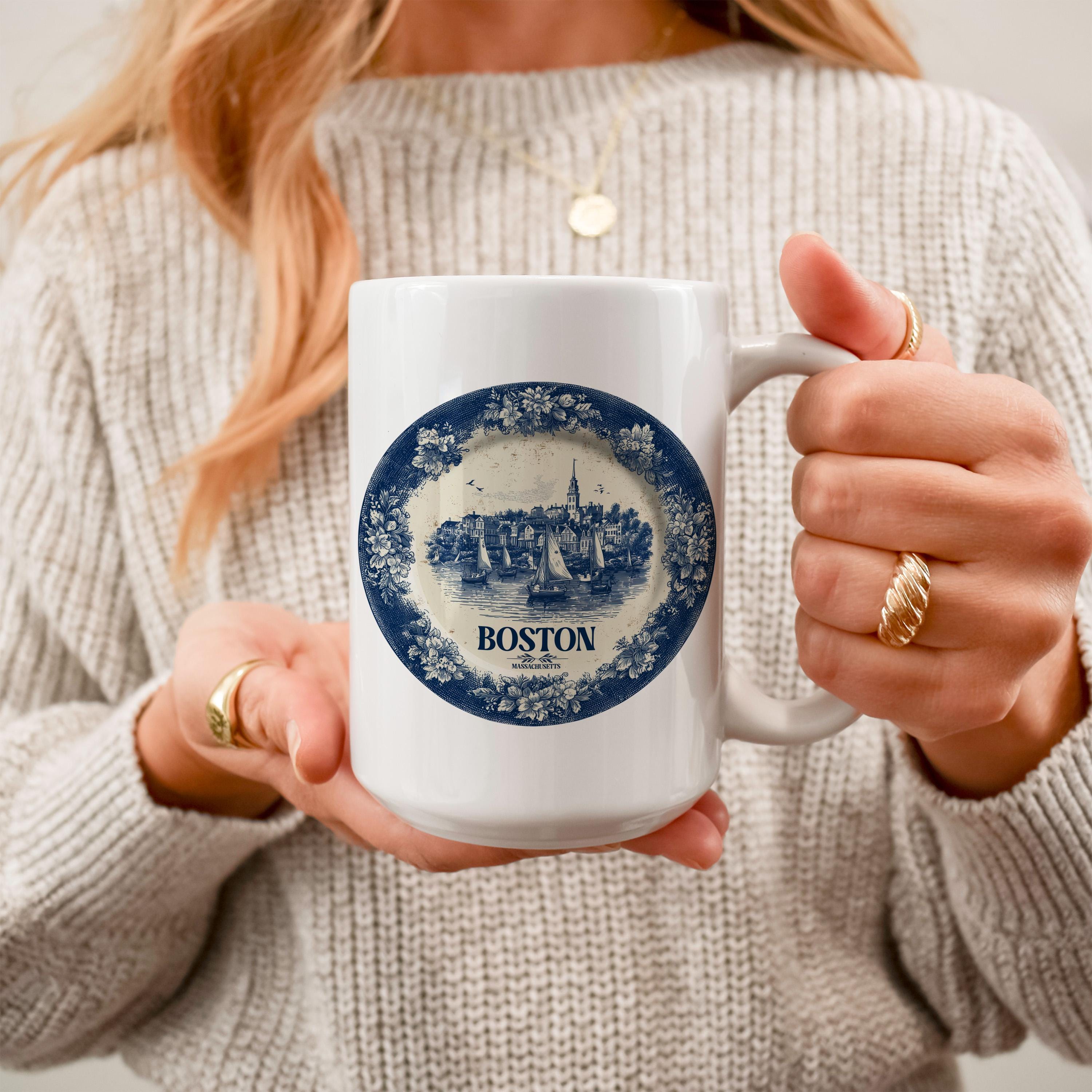 Boston Massachusetts Custom Mug, Delft Style cup, Personalized Vintage Travel City Gift