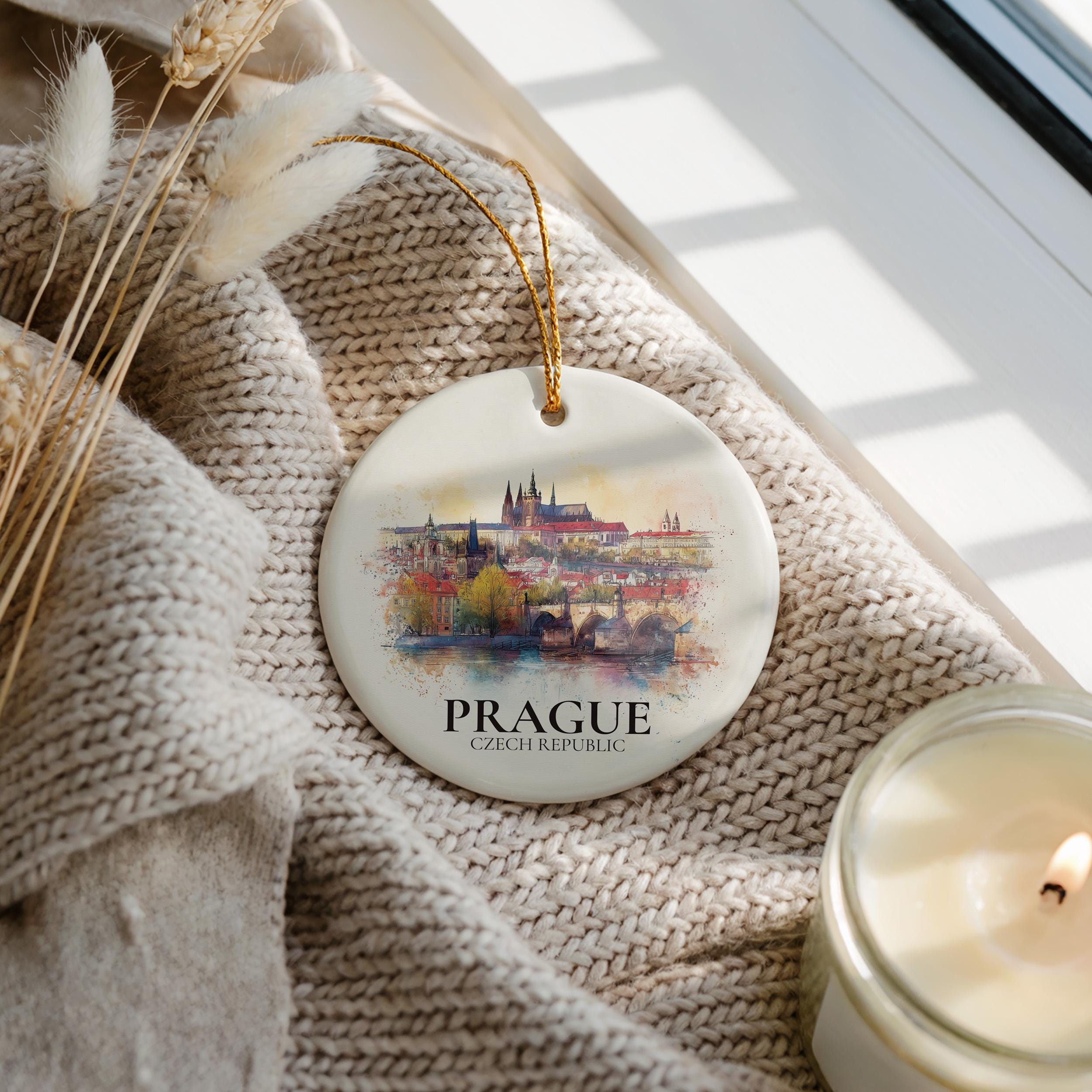 Prague Czech Republic Personalized Watercolor Ornament, Custom Ceramic Christmas gift, Travel Keepsake