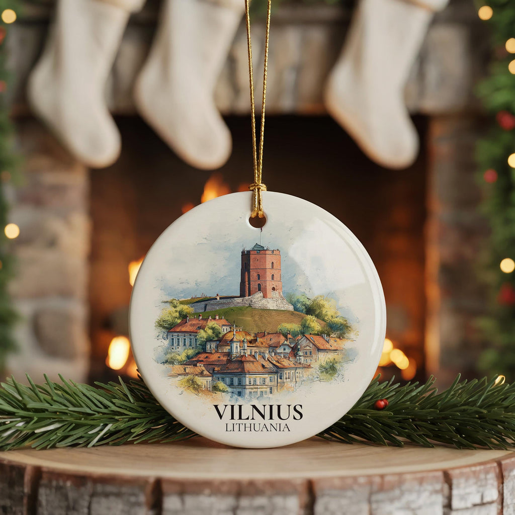 Vilnius Lithuania Personalized Watercolor Ornament, Custom Ceramic Christmas gift, Travel Keepsake