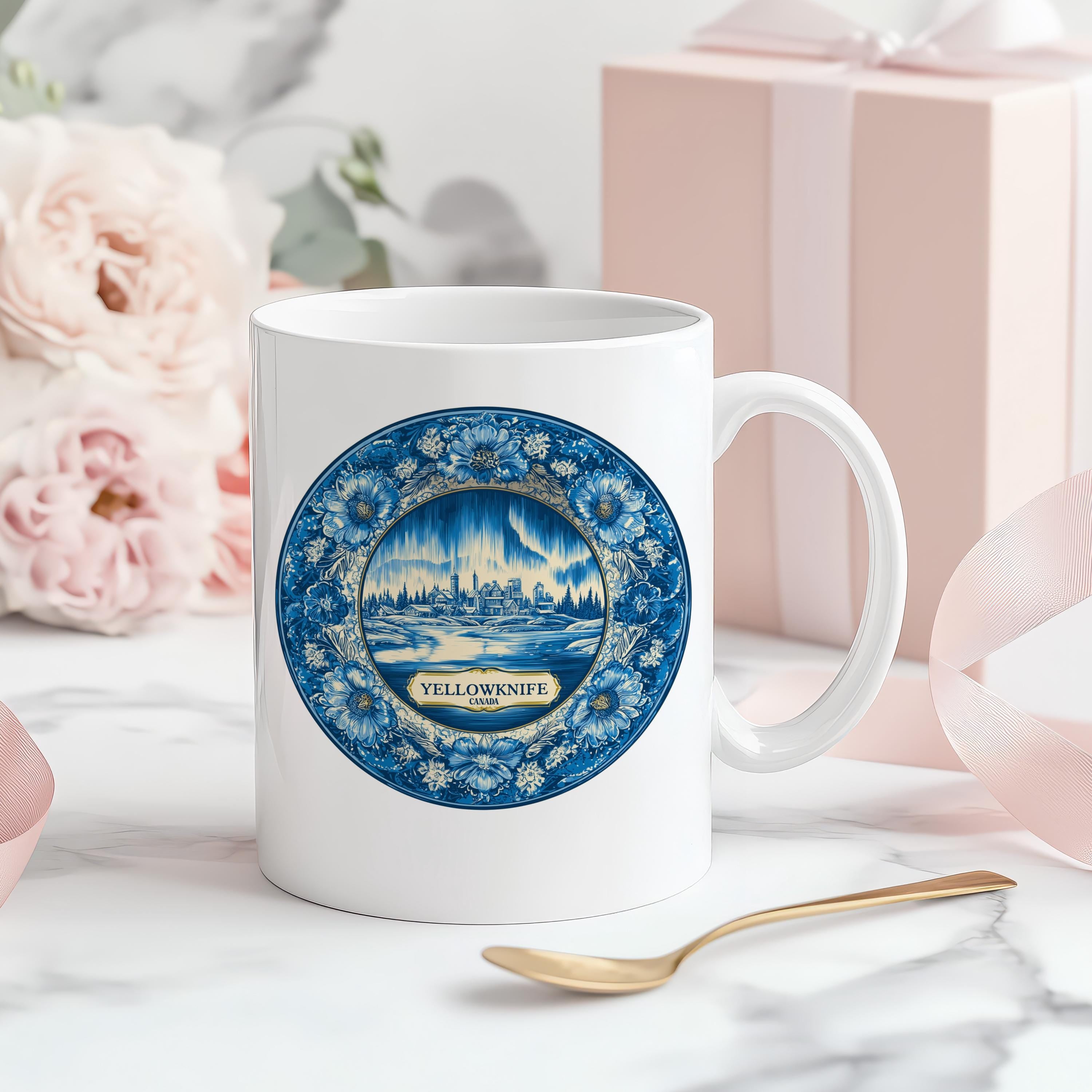 Yellowknife Canada Mug, Custom Delft Style cup, Personalized Vintage Travel City Gift