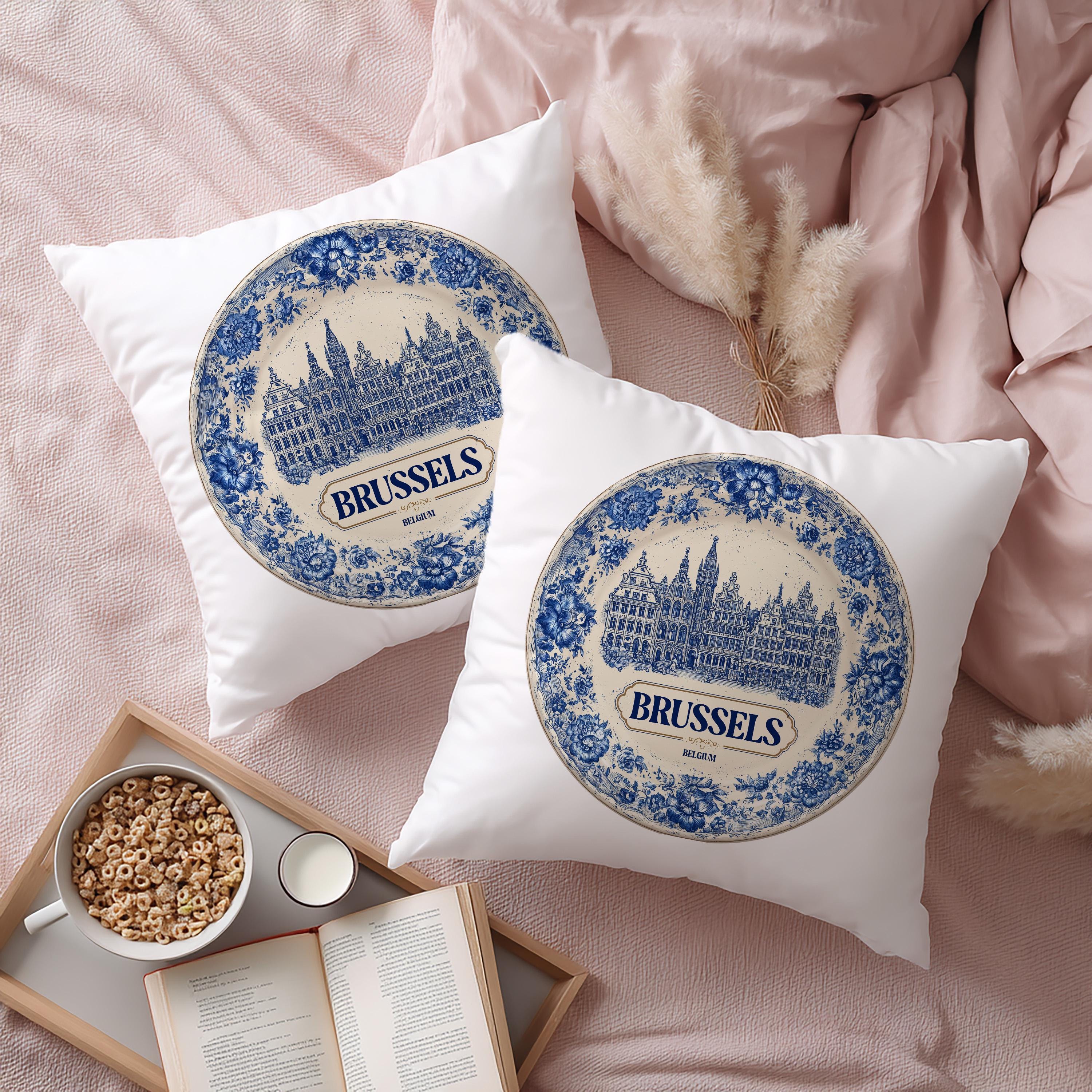 Brussels Belgium Pillowcase, Delft Style Decorative Throw Pillow, Vintage Cityscape Retro Home Decor