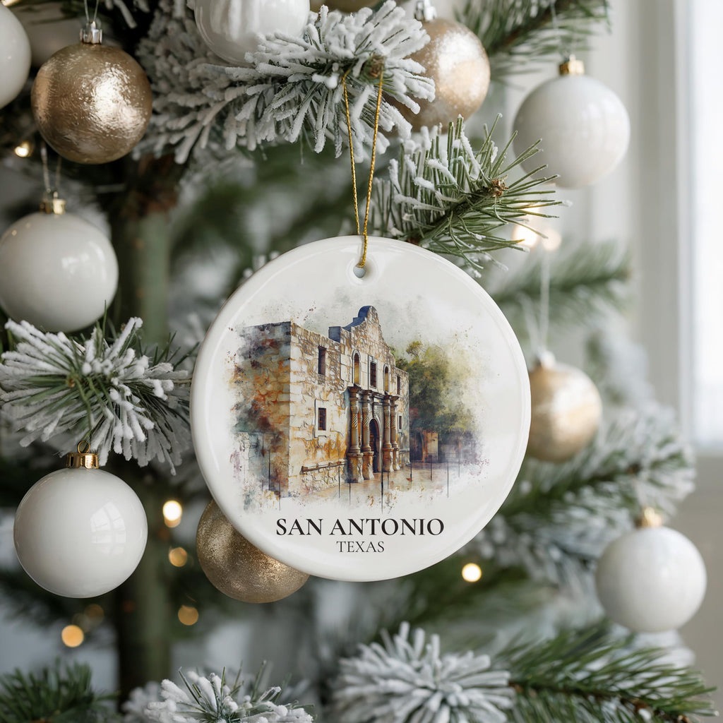 San Antonio Personalized Watercolor Ornament, Texas Custom Ceramic Christmas gift, Travel Keepsake