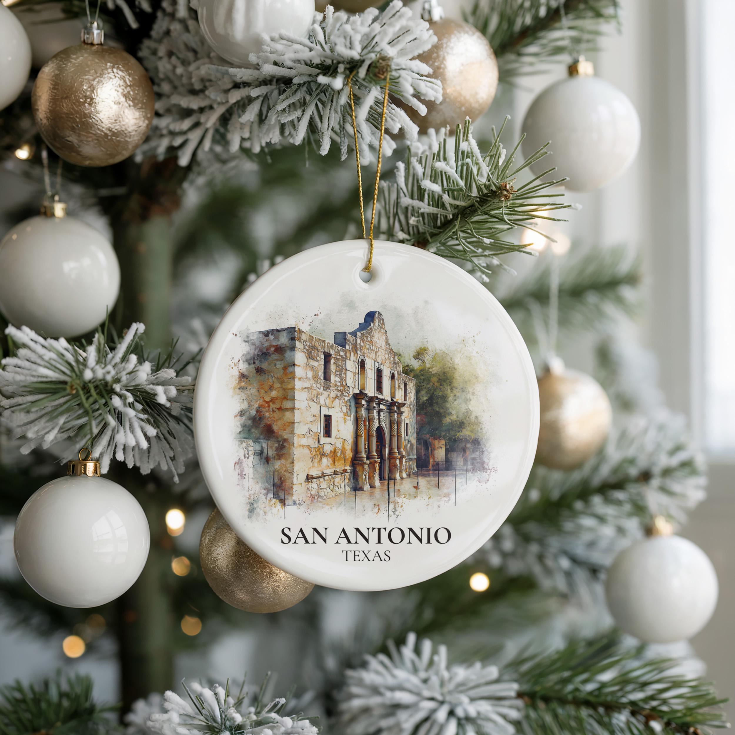 San Antonio Personalized Watercolor Ornament, Texas Custom Ceramic Christmas gift, Travel Keepsake