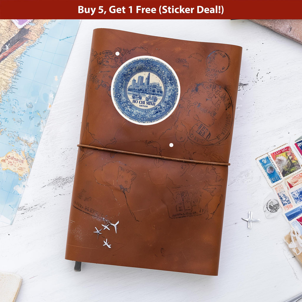 Ho Chi Minh City Vietnam Sticker Vintage Delft style, Delftware Decal Waterproof Vinyl, Blue City Travel