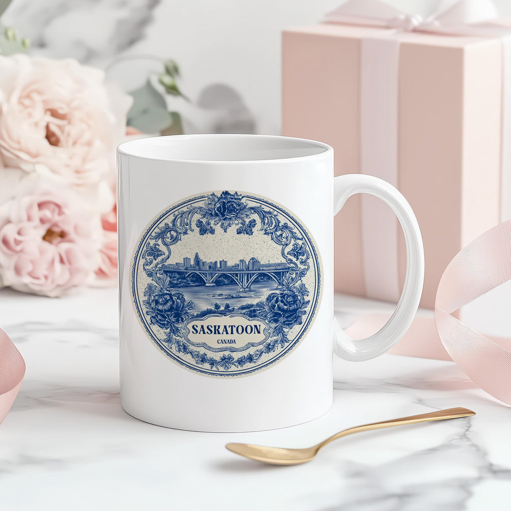 Saskatoon Canada Mug, Custom Delft Style cup, Personalized Vintage Travel City Gift