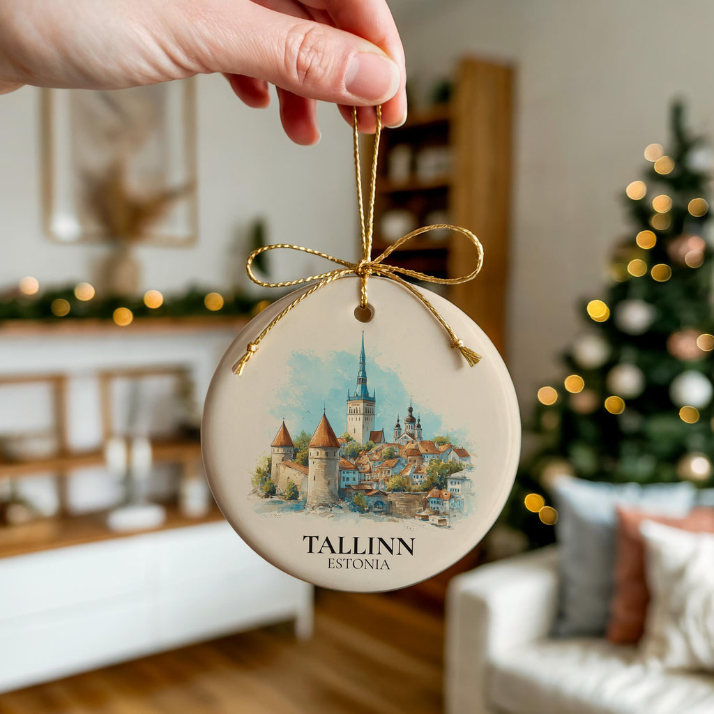 Tallinn Estonia Custom Watercolor Ornament, Personalized Ceramic Christmas gift, Travel Keepsake