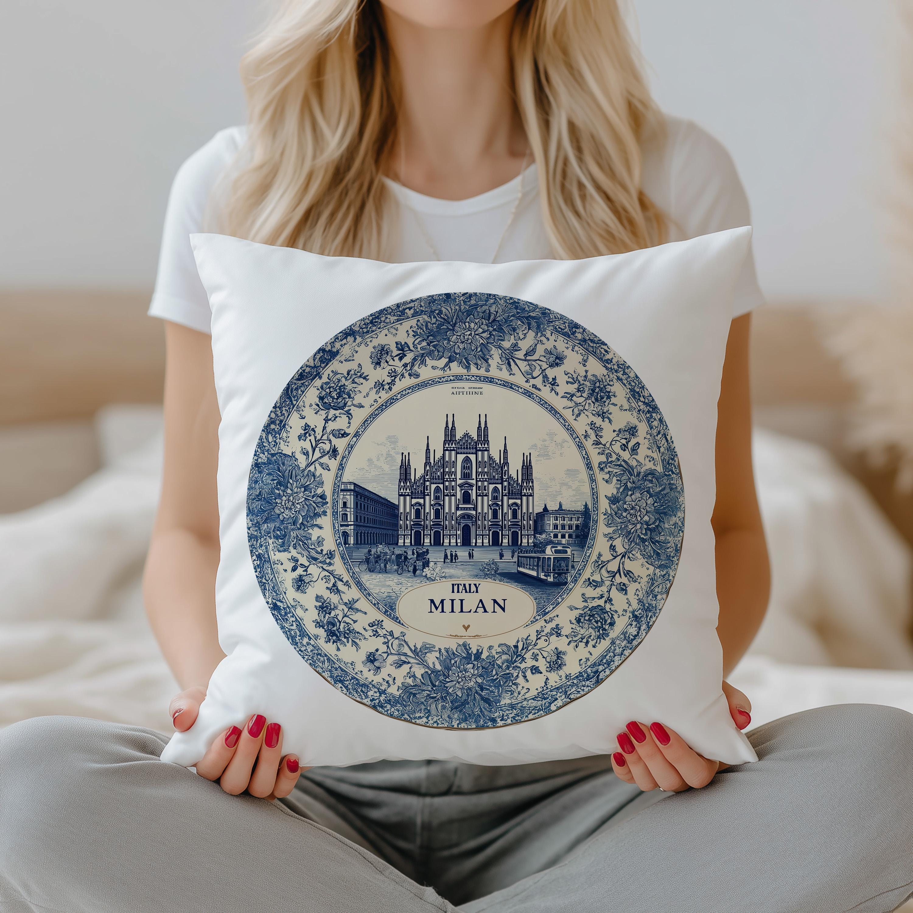 Milan Italy Pillowcase, Delft Style Decorative Throw Pillow, Vintage Cityscape Retro Home Decor