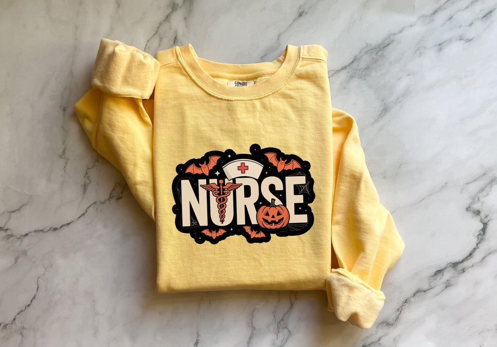 Halloween Nurse Comfort Colors Sweatshirt, Spooky RN Crewneck Pullover, Pumpkin Bat Ghost Design, Nurse Gift Fall Outfit