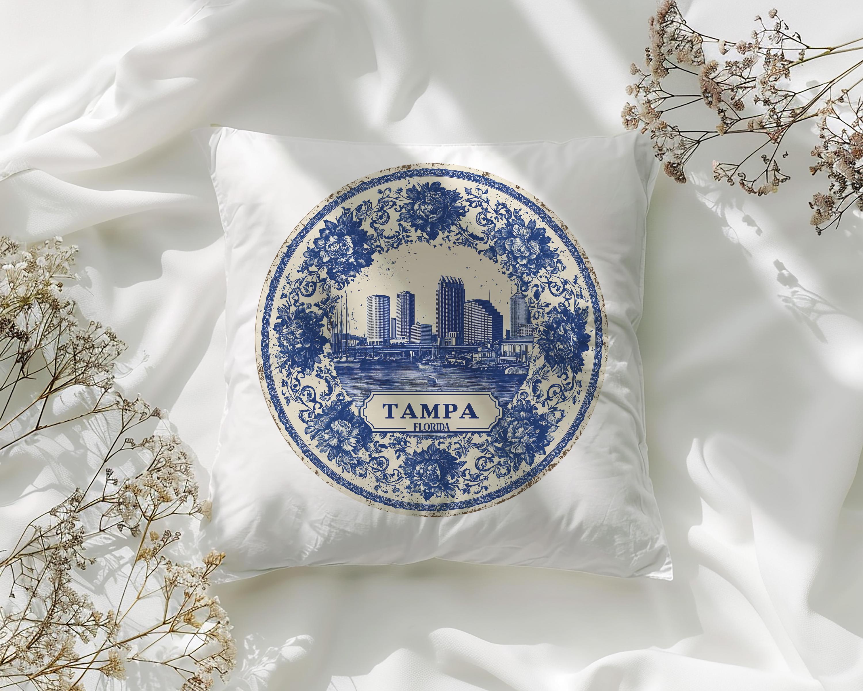Tampa Florida Pillowcase, Delft Style Decorative Throw Pillow, Vintage Cityscape Retro Home Decor