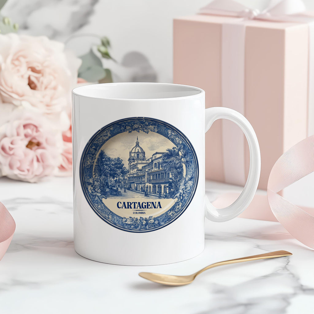 Cartagena Colombia Mug, Custom Delft Style cup, Personalized Vintage Travel City Gift
