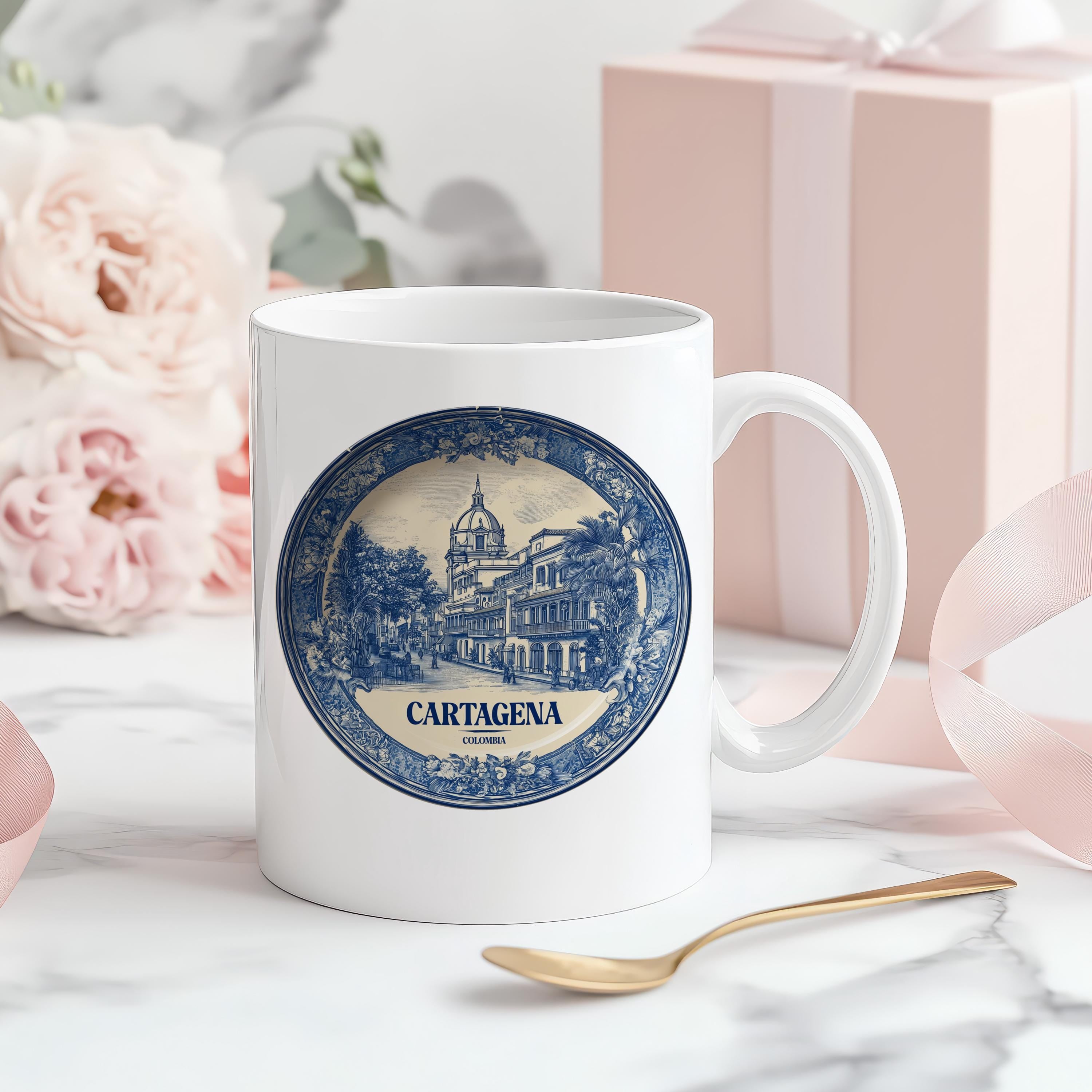 Cartagena Colombia Mug, Custom Delft Style cup, Personalized Vintage Travel City Gift