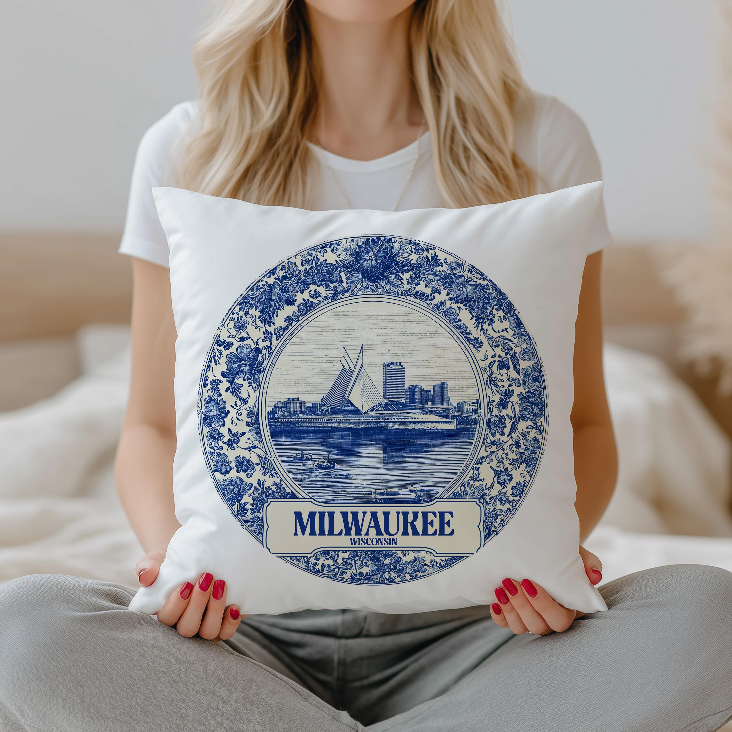 Milwaukee Wisconsin Pillowcase, Delft Style Decorative Throw Pillow, Vintage Cityscape Retro Home Decor