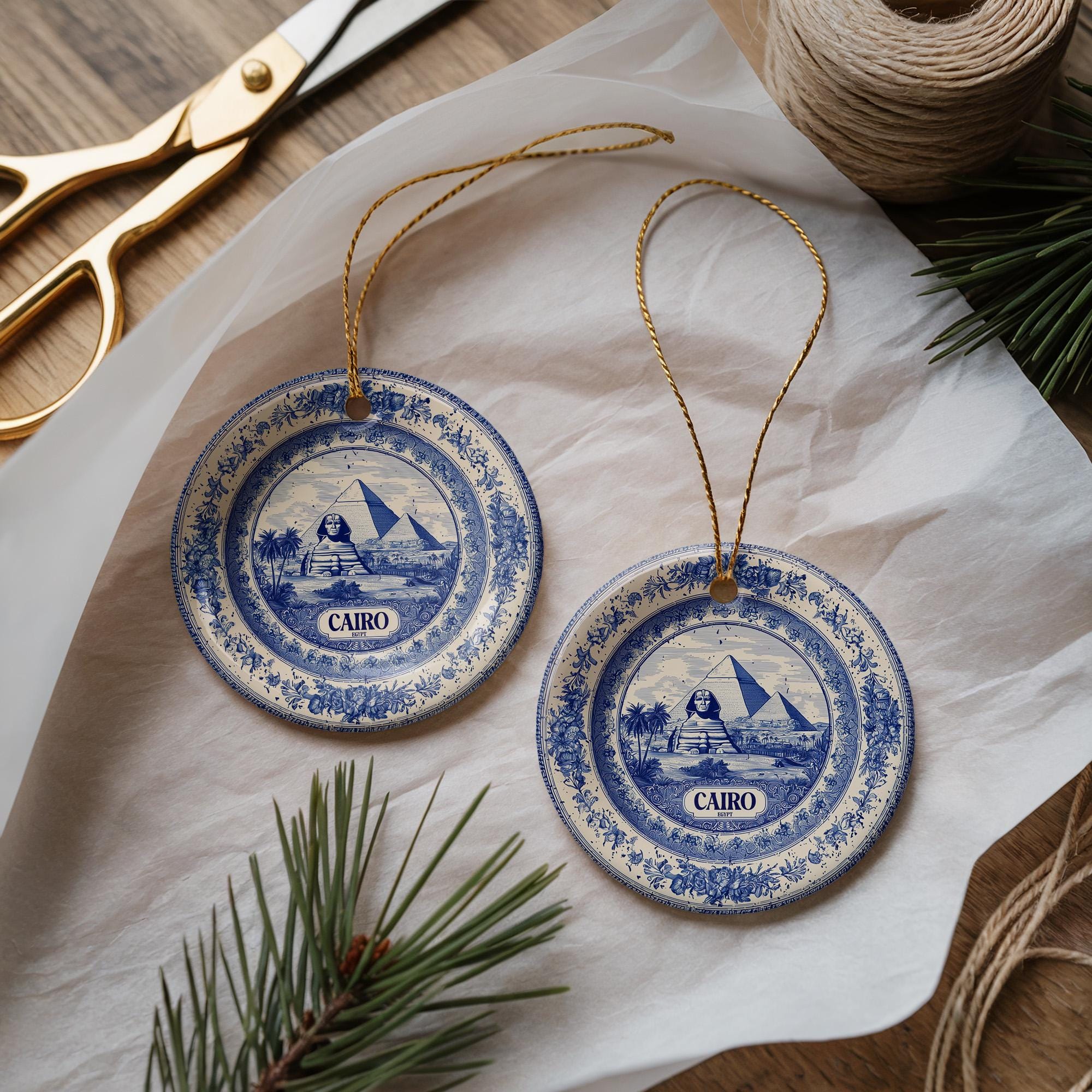 Custom Cairo Egypt Ceramic Delft Ornament, Christmas Delftware Blue Delftware city travel