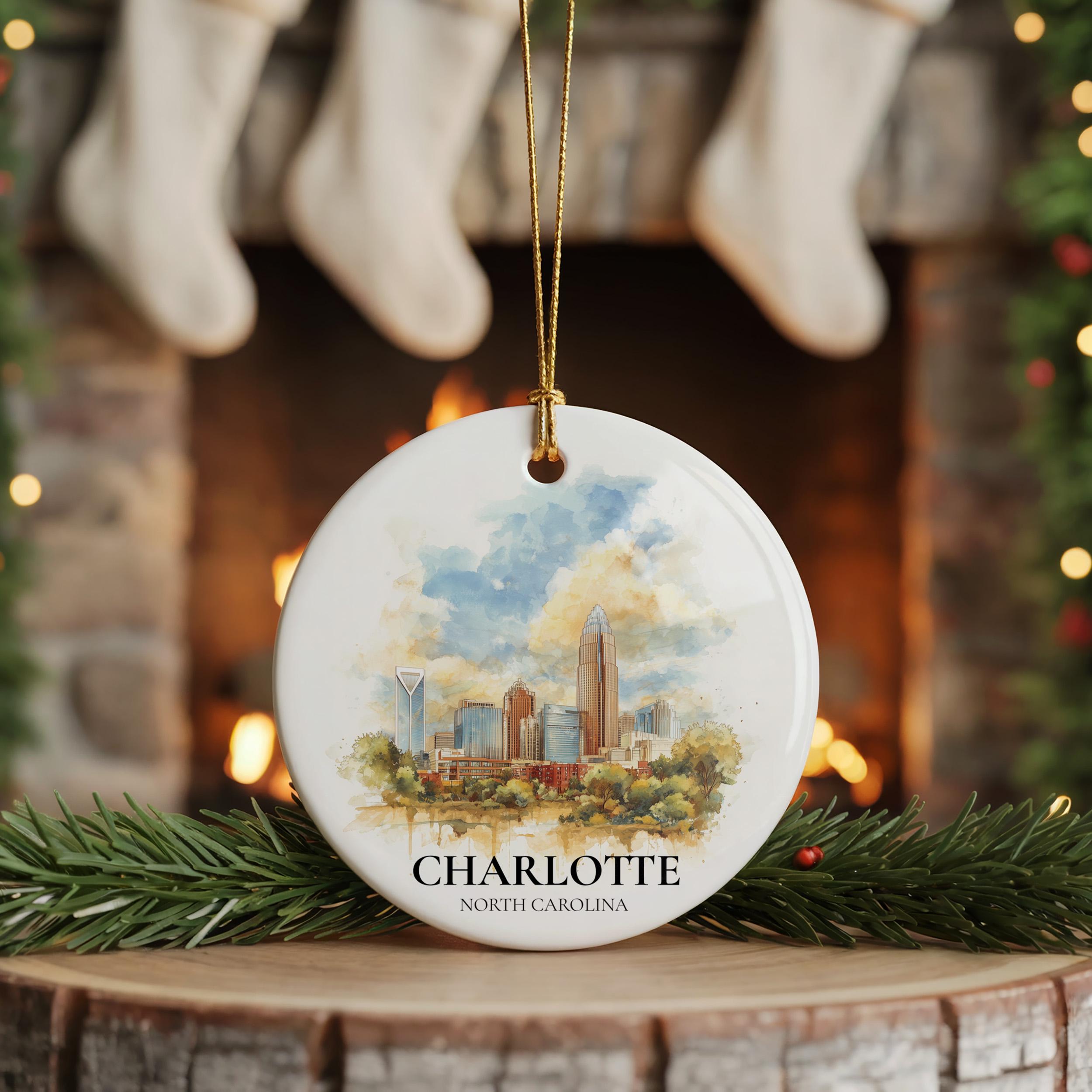 Charlotte Personalized Watercolor Ornament, North Carolina Custom Ceramic Christmas gift, Travel Keepsake