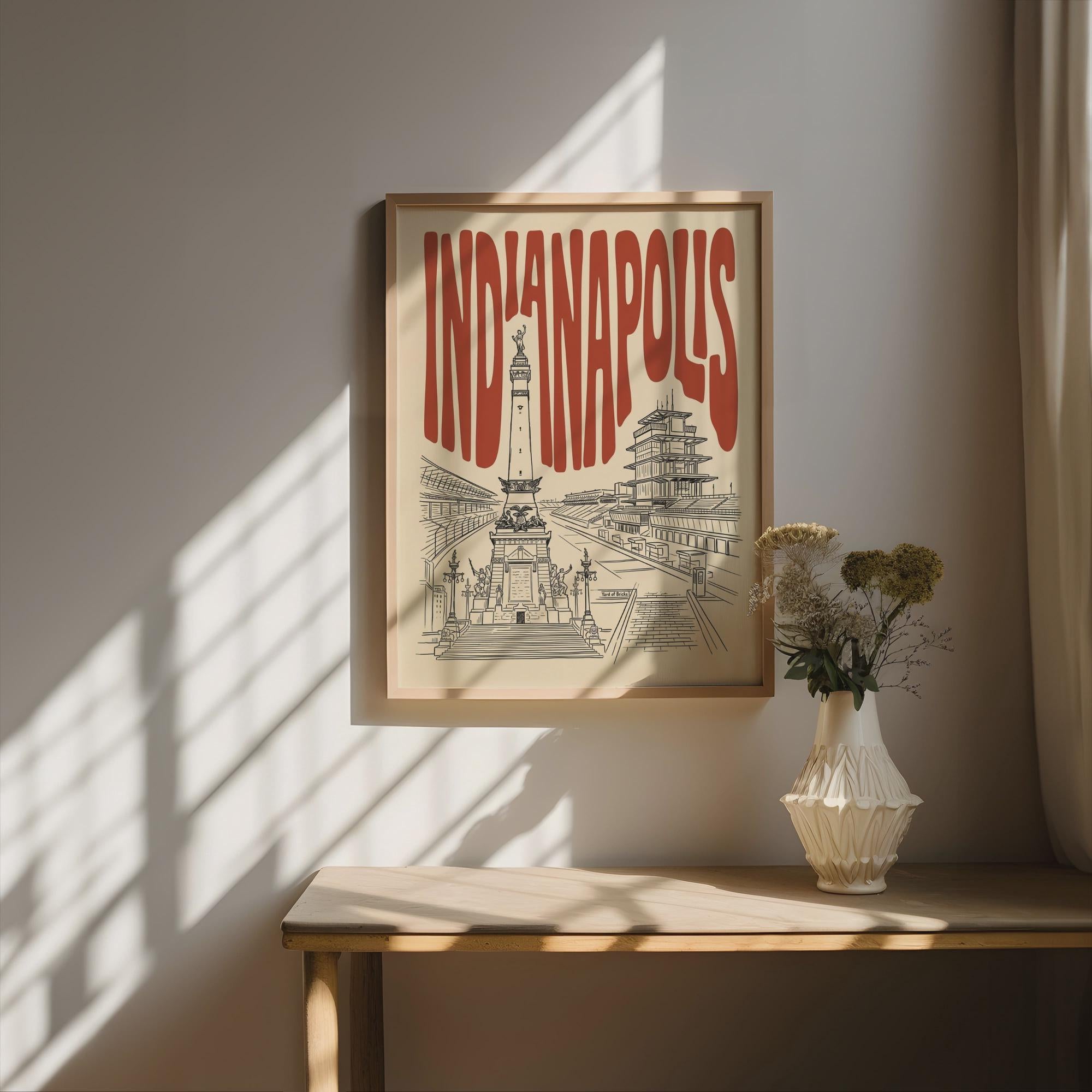 Indianapolis Wall Art, Minimalist Retro Skyline Framed Canvas Print, Indiana Home Decor