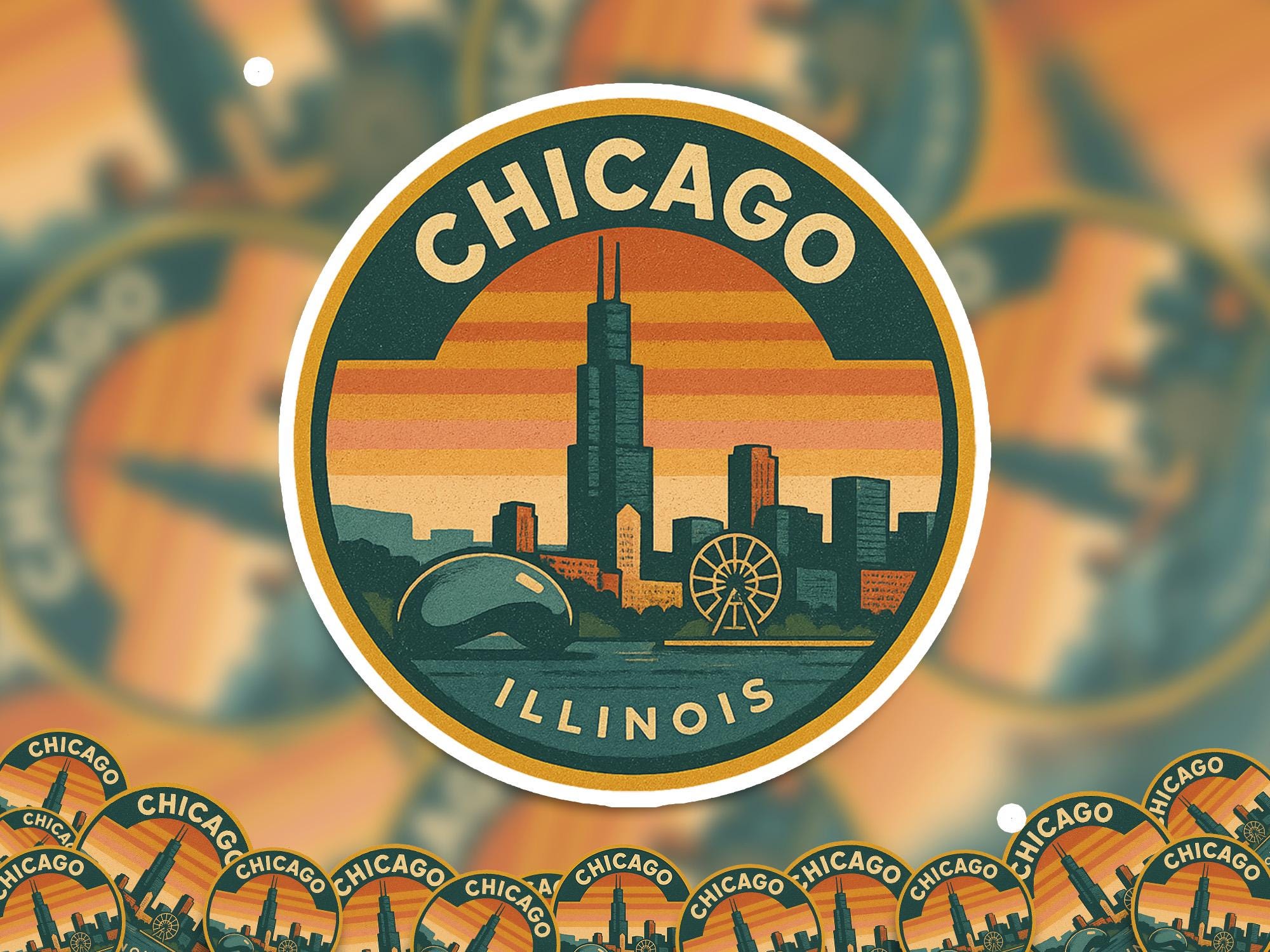 Chicago Illinois US Kiss-Cut Vinyl, Waterproof Decal, Retro Travel Lover Collection