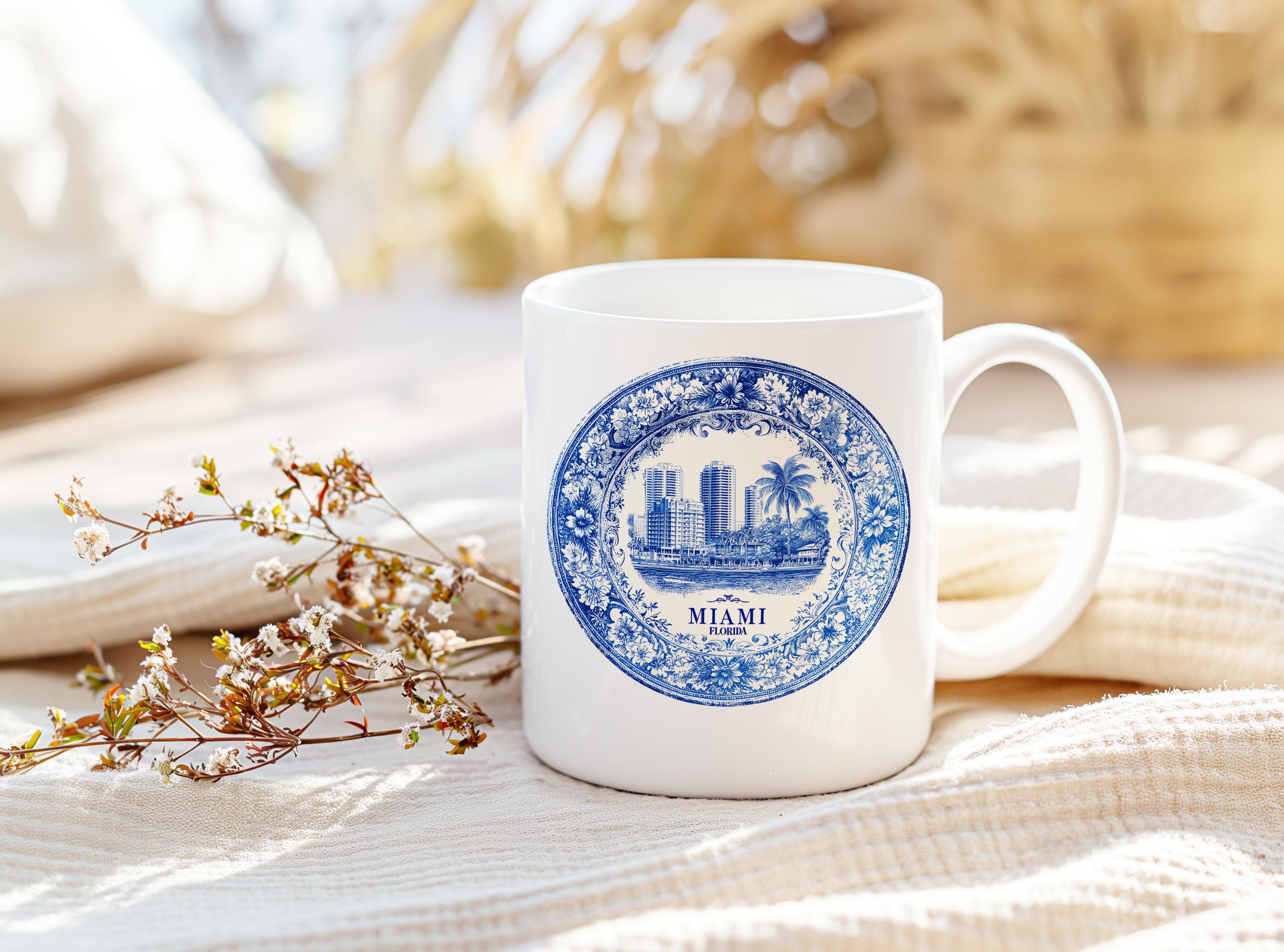 Miami Florida Mug, Custom Delft Style cup, Personalized Vintage Travel City Gift