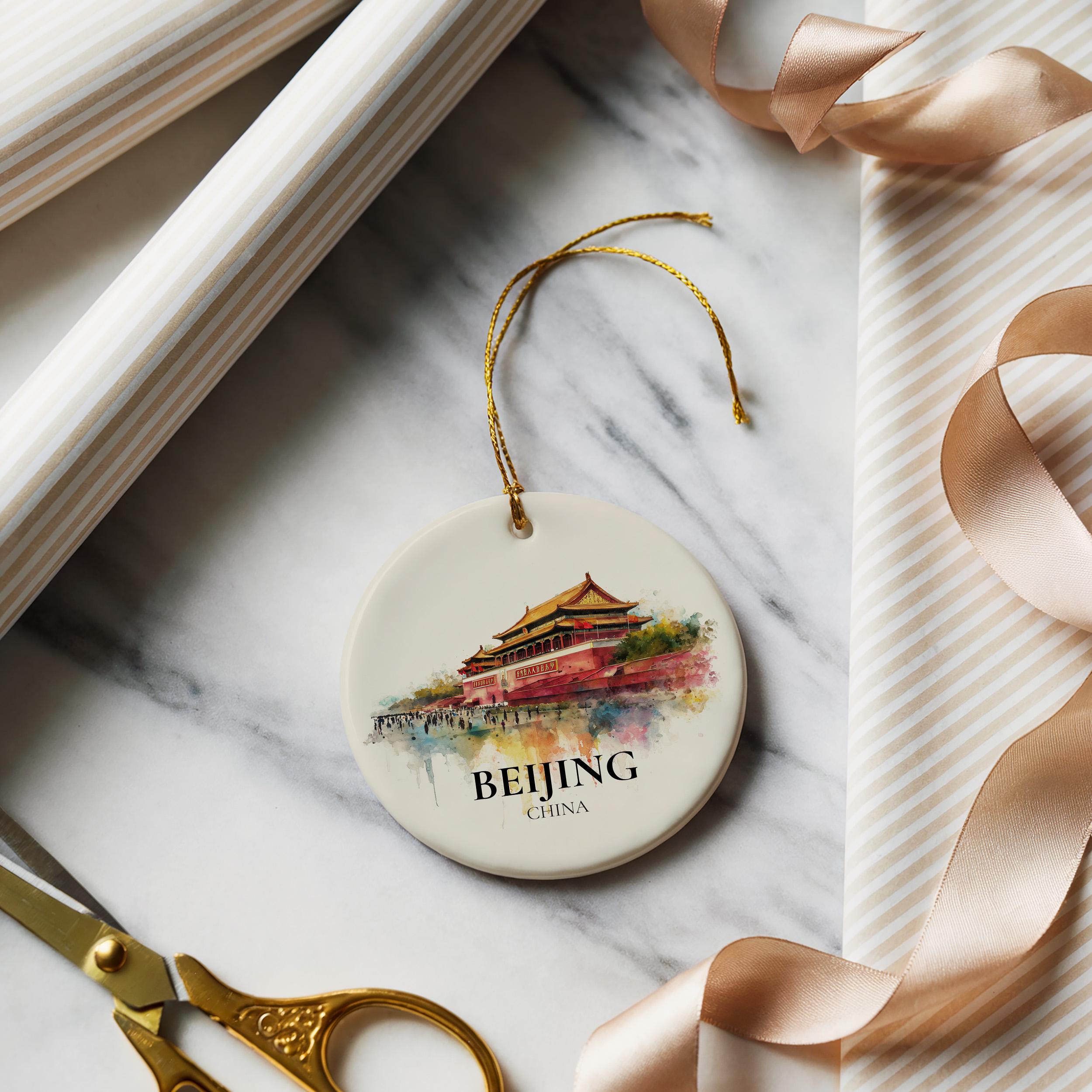 Beijing China Personalized Watercolor Ornament, Custom Ceramic Christmas gift, Travel Keepsake