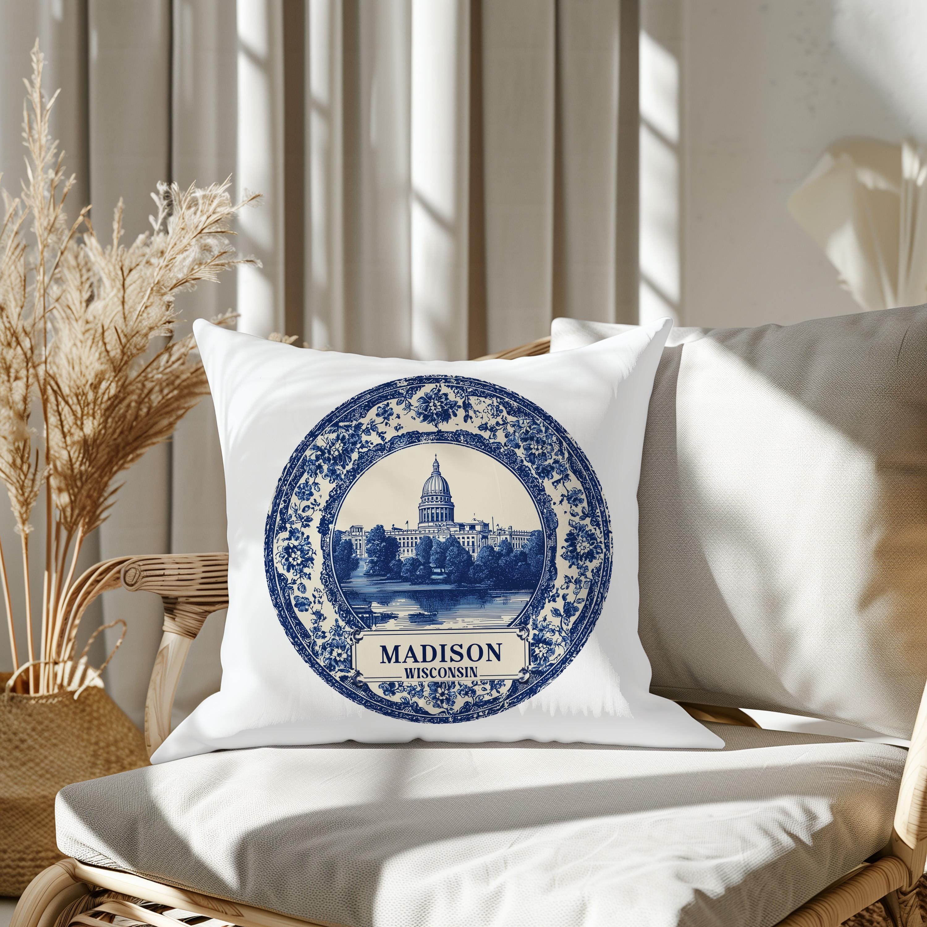 Madison Wisconsin Pillowcase, Delft Style Decorative Throw Pillow, Vintage Cityscape Retro Home Decor
