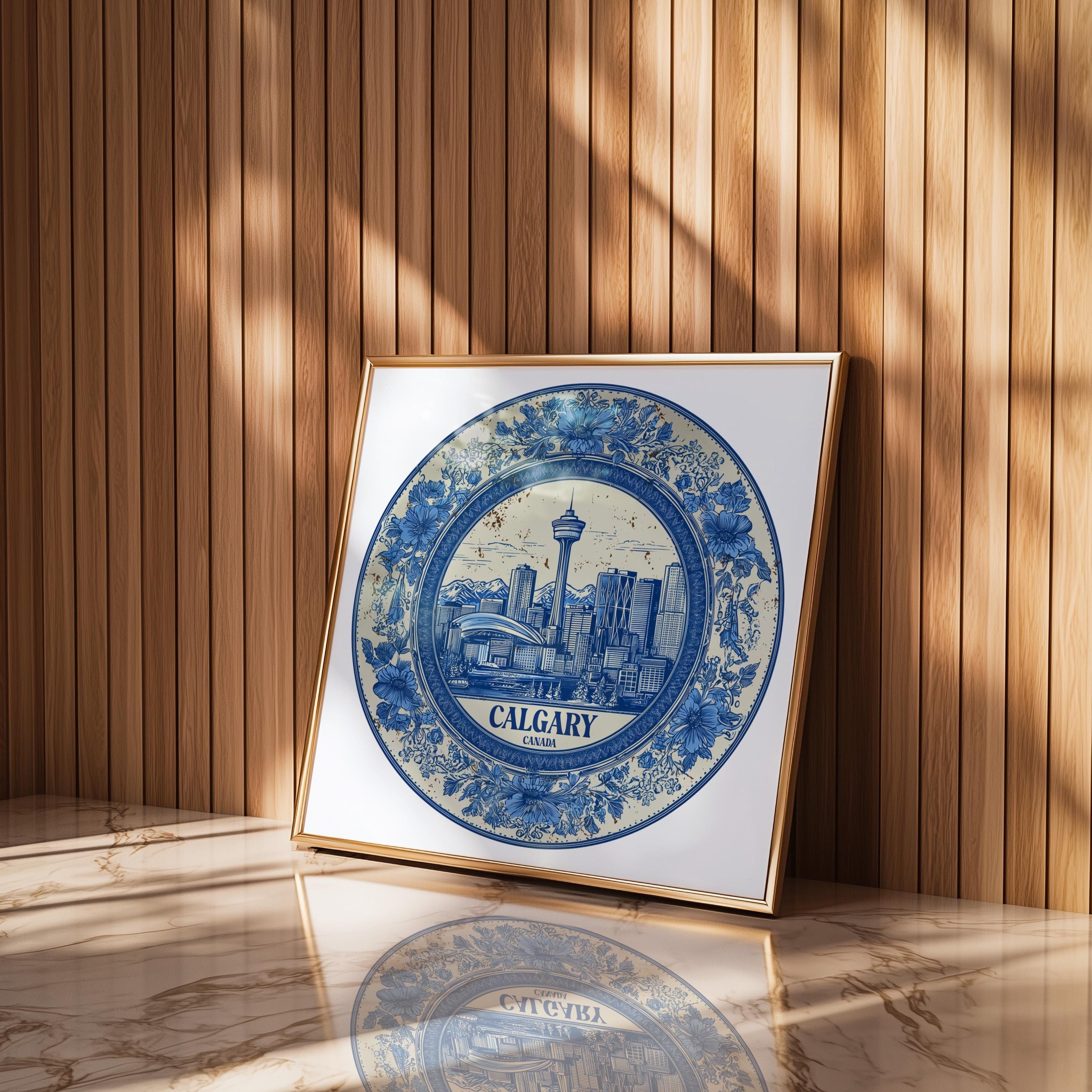 Calgary Canada Wall Art, Vintage Delft Blue Poster, City Print, Travel Home Decor