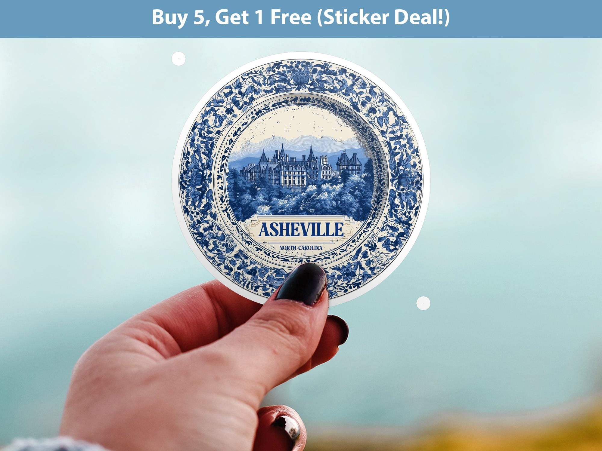 Asheville North Carolina Sticker Vintage Delft style, Delftware Decal Waterproof Vinyl, City Travel USA