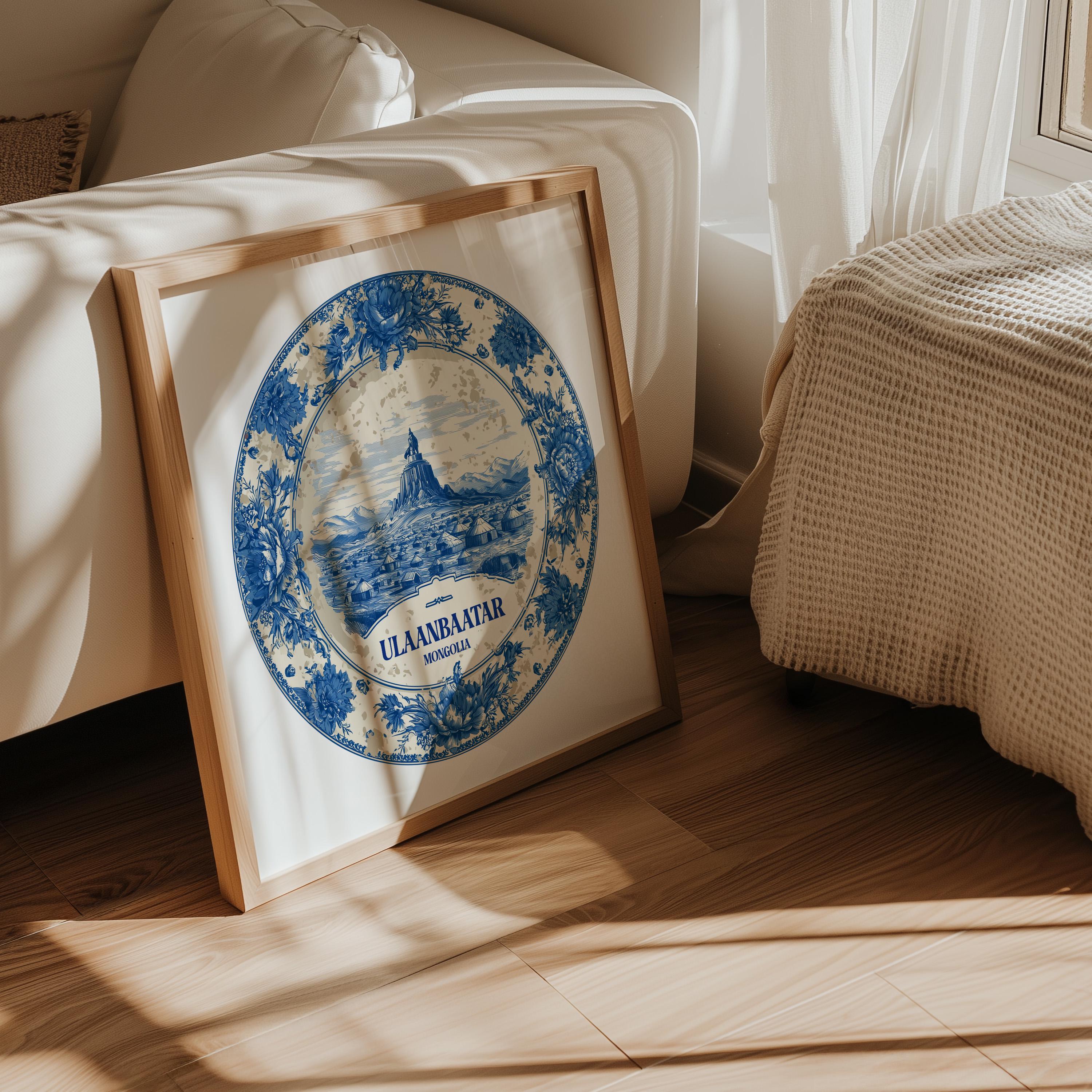 Ulaanbaatar Mongolia Wall Art, Vintage Delft Blue Poster, City Print, Travel Home Decor