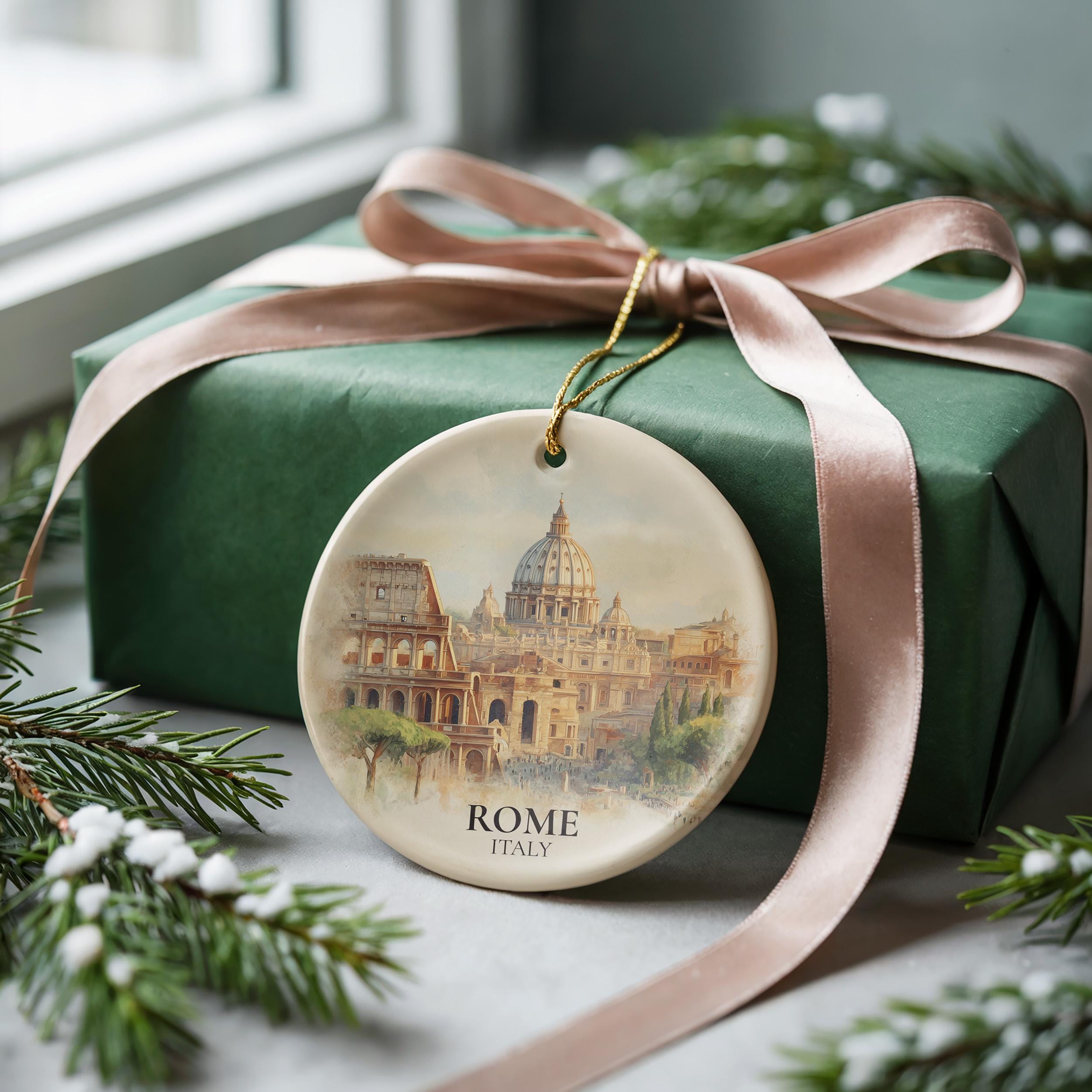 Rome Italy Personalized Watercolor Ornament, Custom Ceramic Christmas gift, Travel Keepsake