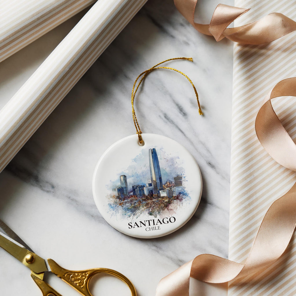 Santiago Chile Personalized Watercolor Ornament, Custom Ceramic Christmas gift, Travel Keepsake
