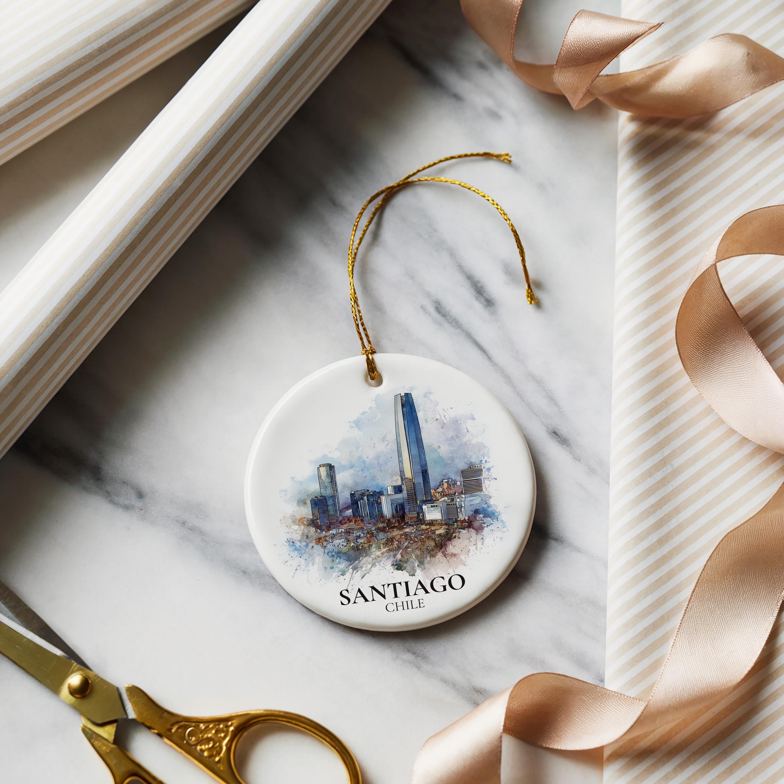 Santiago Chile Personalized Watercolor Ornament, Custom Ceramic Christmas gift, Travel Keepsake
