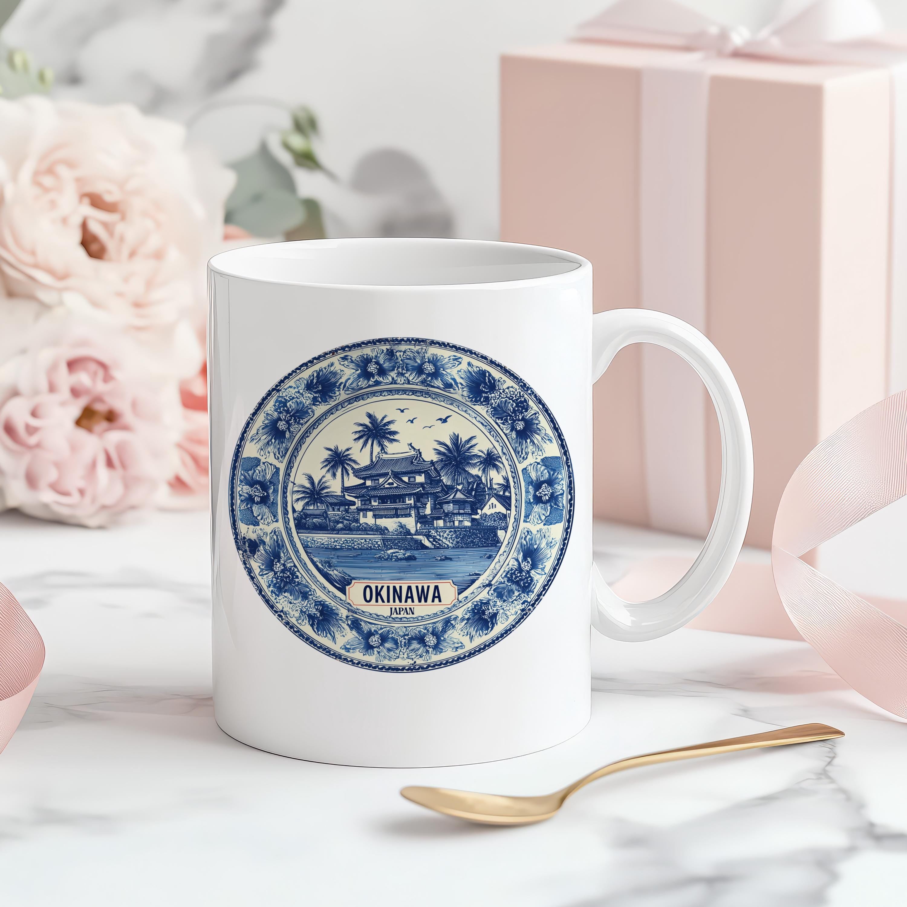 Okinawa Japan Mug, Custom Delft Style cup, Personalized Vintage Travel City Gift