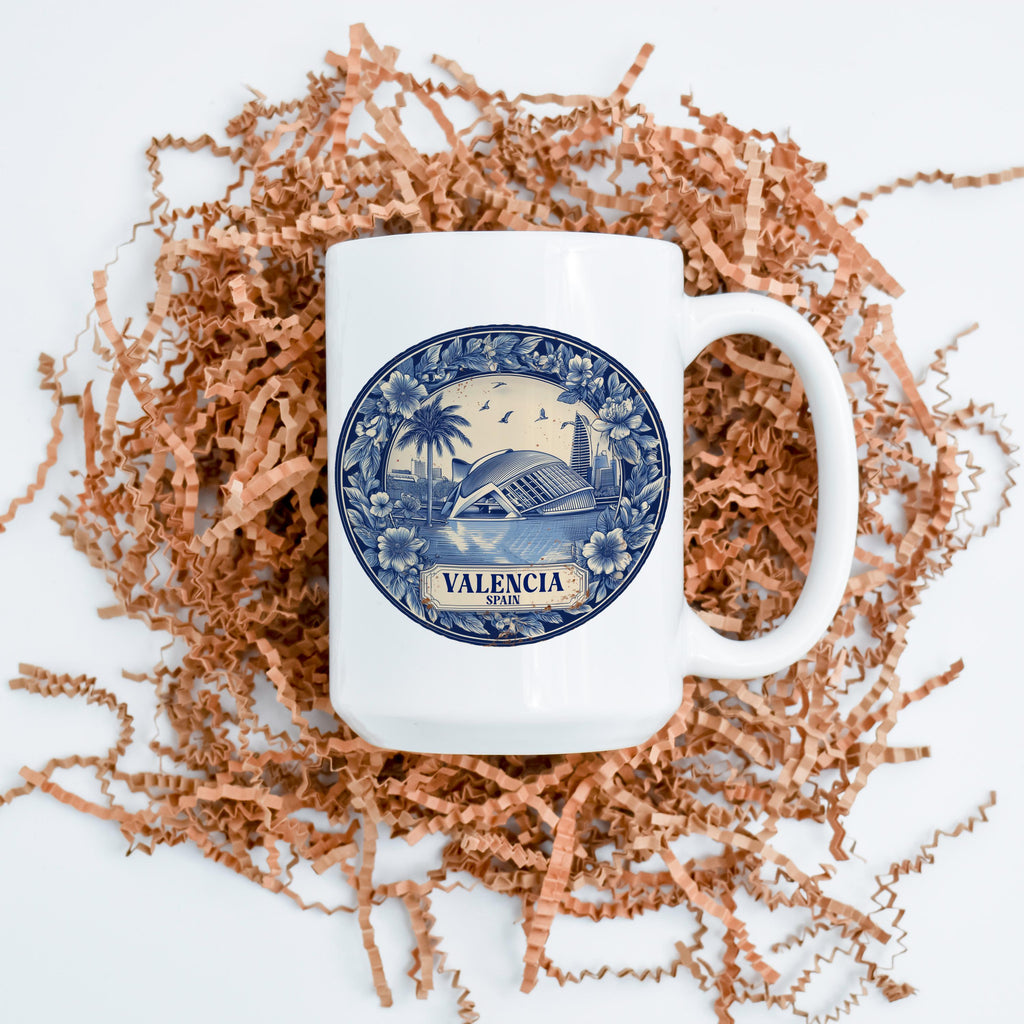Valencia Spain Mug, Custom Delft Style cup, Personalized Vintage Travel City Gift