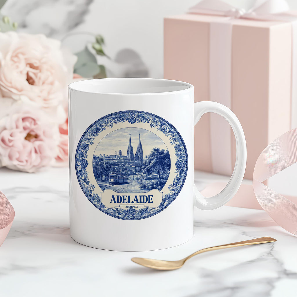 Adelaide Australia Mug, Custom Delft Style cup, Personalized Vintage Travel City Gift