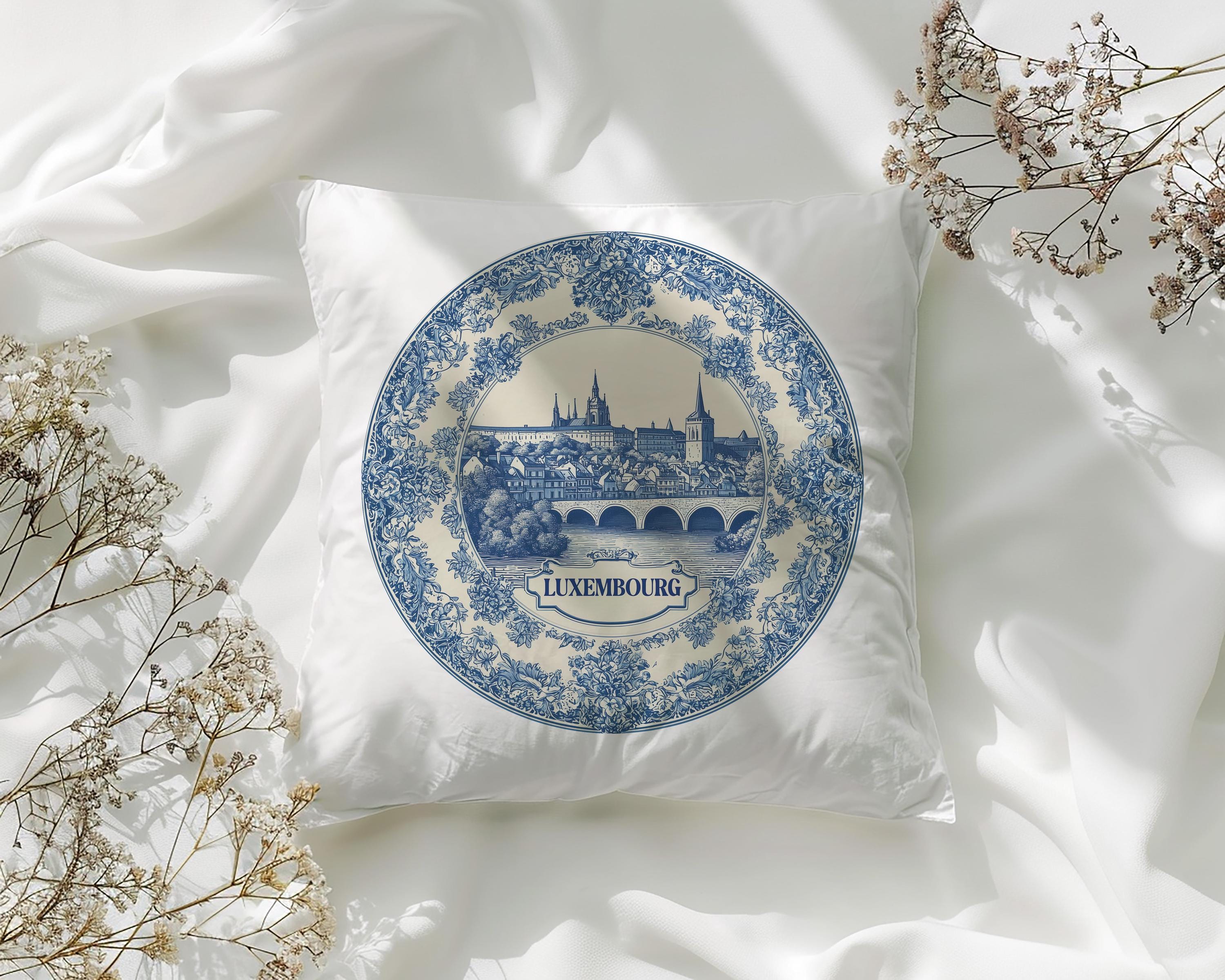 Luxembourg Pillowcase, Delft Style Decorative Throw Pillow, Vintage Cityscape Retro Home Decor