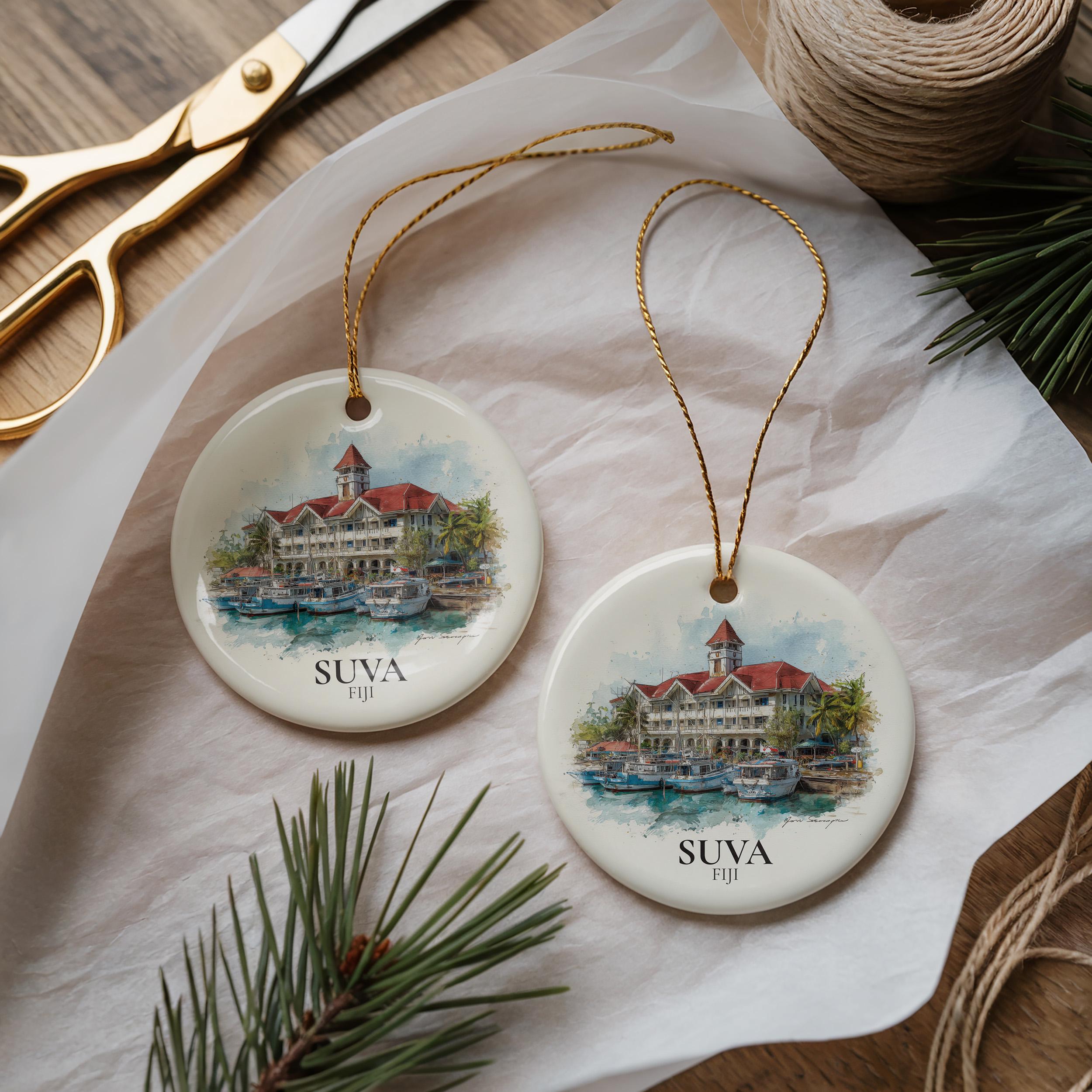 Suva Fiji Personalized Watercolor Ornament, Custom Ceramic Christmas gift, Travel Keepsake