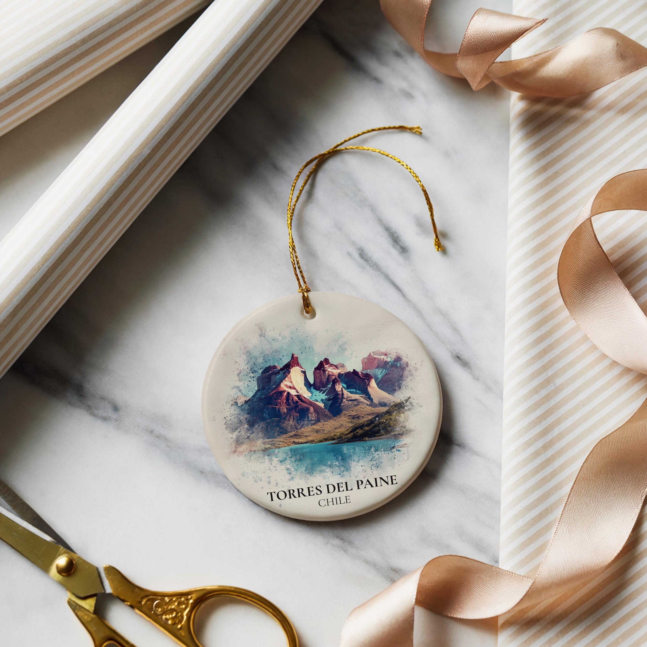 Torres del Paine Chile Personalized Watercolor Ornament, Custom Ceramic Christmas gift, Travel Keepsake