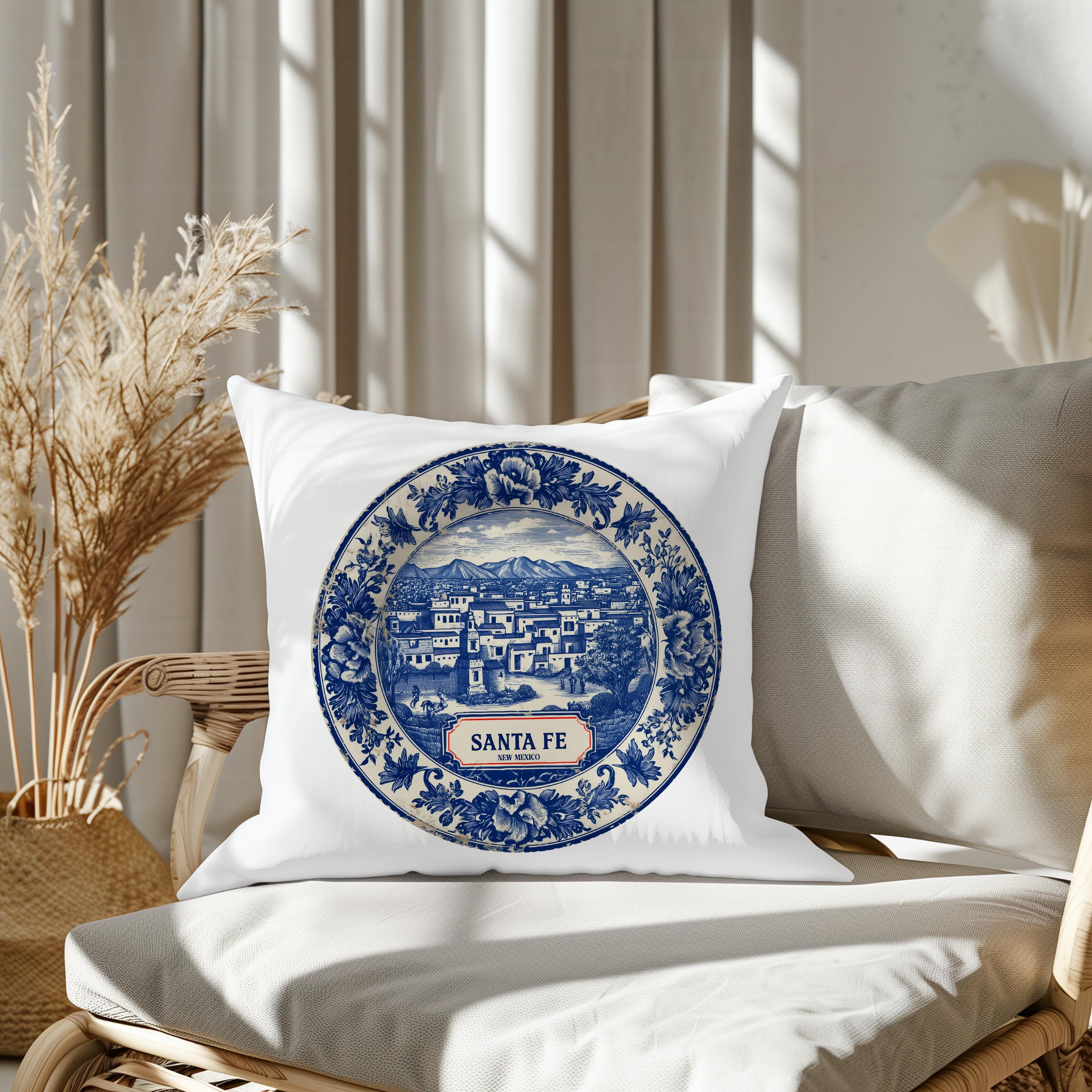 Santa Fe New Mexico Pillowcase, Delft Style Decorative Throw Pillow, Vintage Cityscape Retro Home Decor