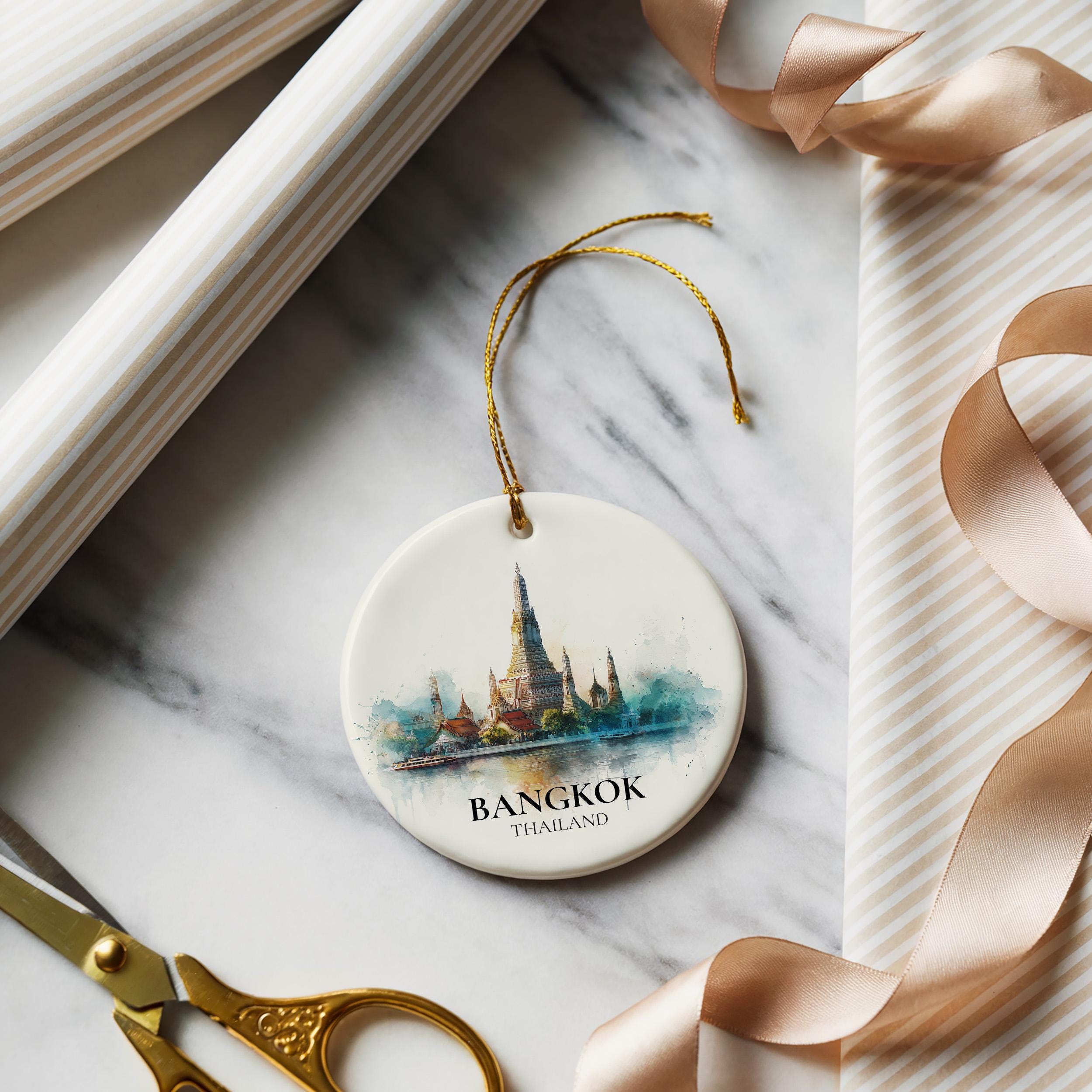 Bangkok Thailand Personalized Watercolor Ornament, Custom Ceramic Christmas gift, Travel Keepsake