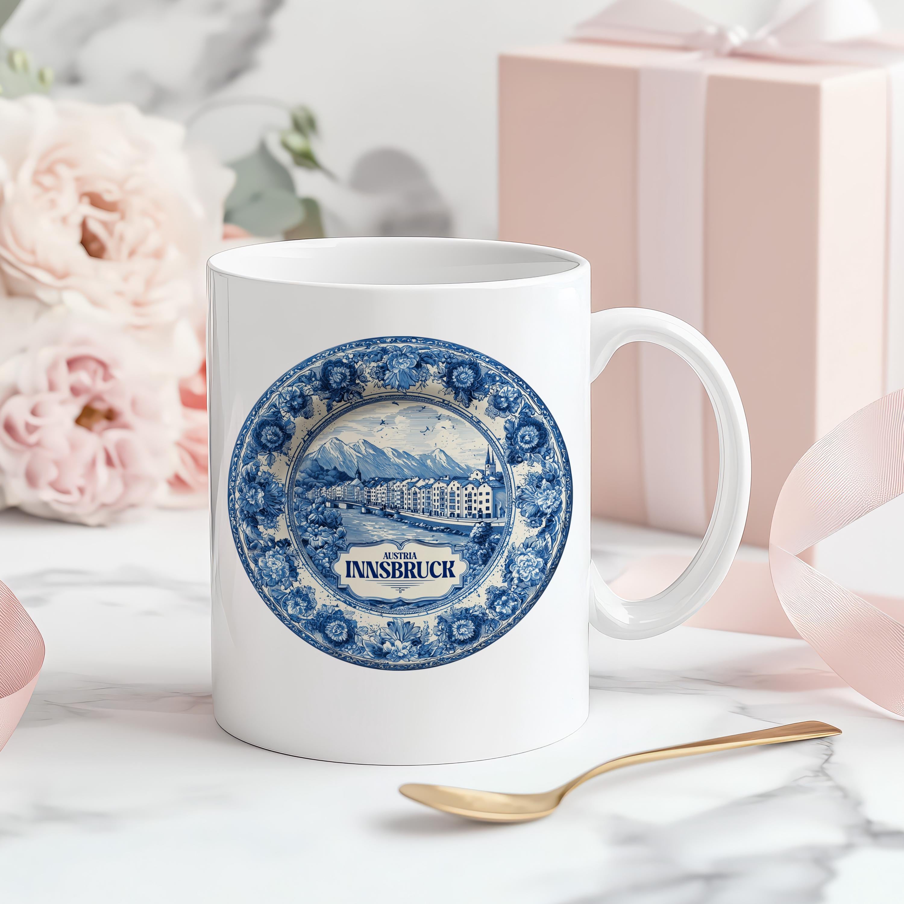 Innsbruck Austria Mug, Custom Delft Style cup, Personalized Vintage Travel City Gift