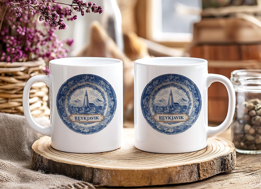 Reykjavik Iceland Mug, Custom Delft Style cup, Personalized Vintage Travel City Gift