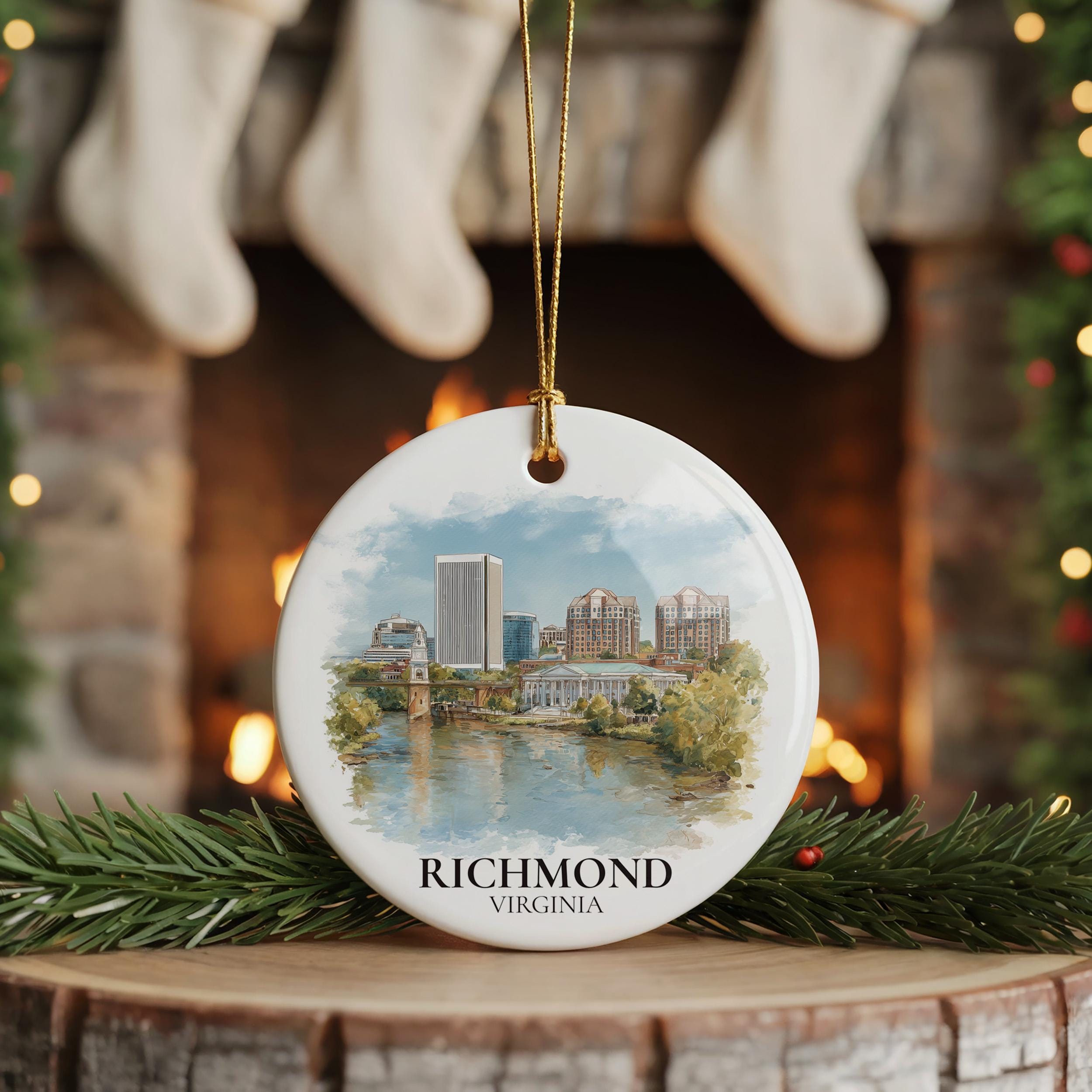 Richmond Virginia Personalized Watercolor Ornament, Custom Ceramic Christmas gift, Travel Keepsake