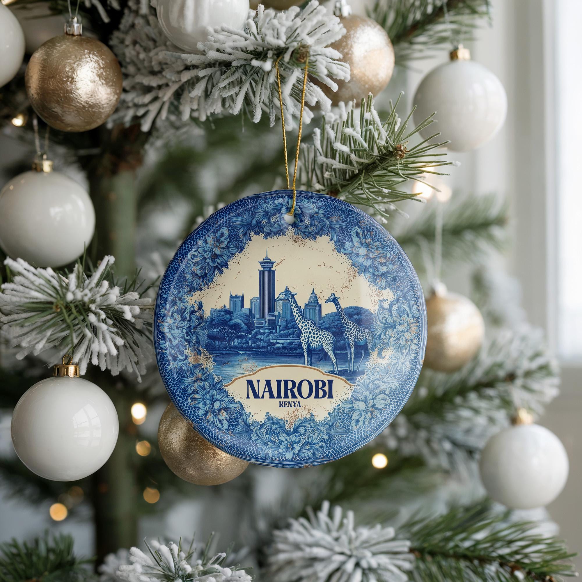 Custom Nairobi Kenya Ceramic Delft Ornament, Christmas Delftware Blue Delftware city travel