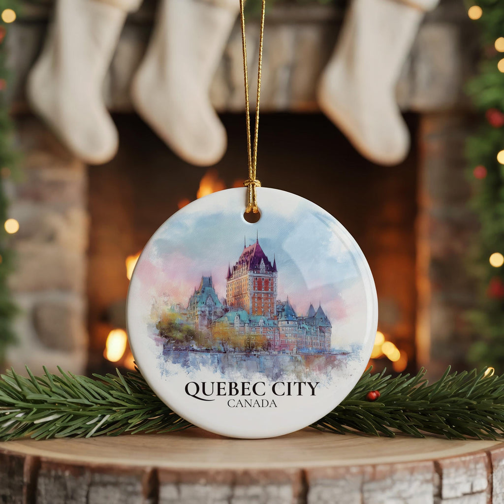 Quebec City Canada Personalized Watercolor Ornament, Custom Ceramic Christmas gift, Travel Keepsake
