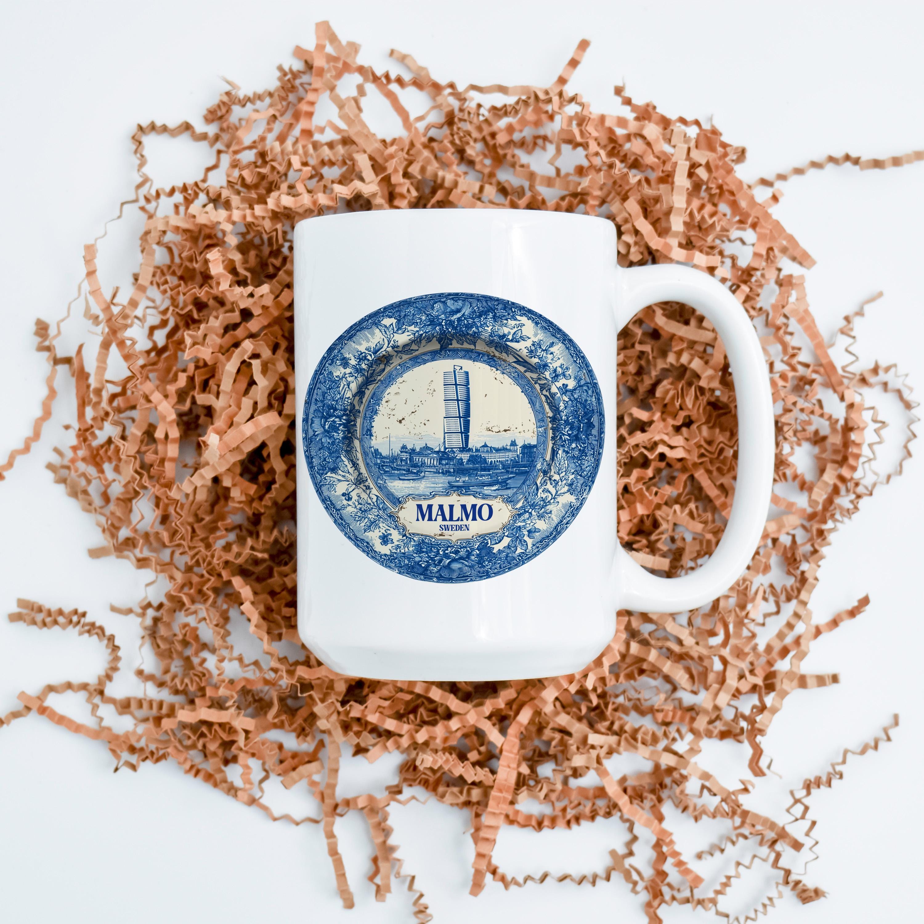 Malmo Sweden Mug, Custom Delft Style cup, Personalized Vintage Travel City Gift