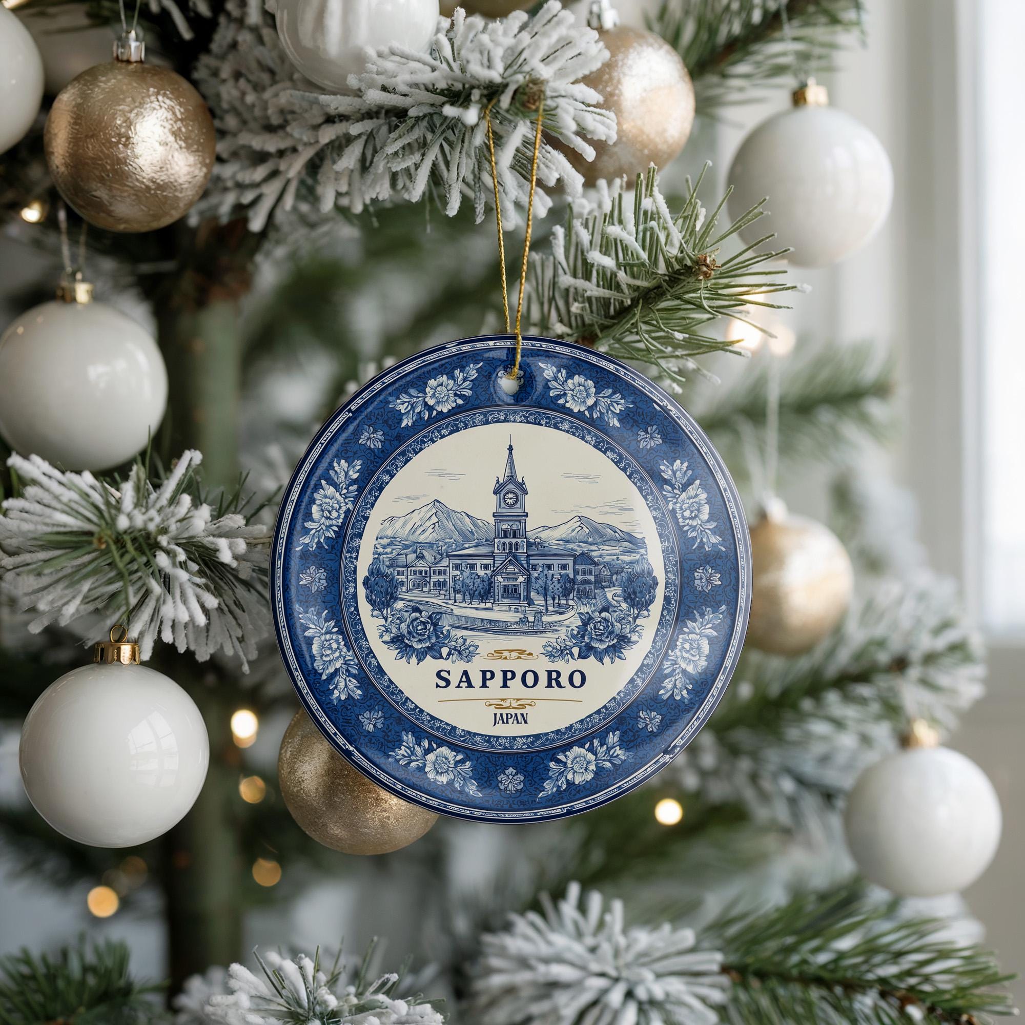 Custom Sapporo Japan Ceramic Delft Ornament, Christmas Delftware Blue Delftware city travel