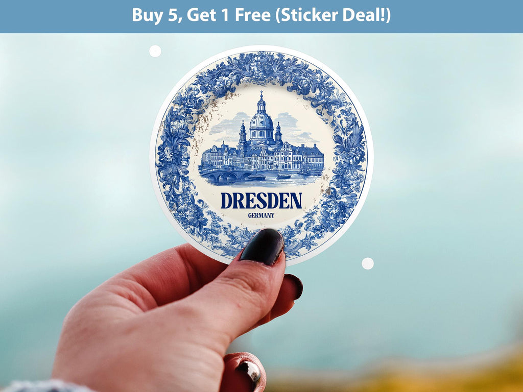 Dresden Germany Sticker Vintage Delft style, Delftware Decal Waterproof Vinyl, Blue City Travel