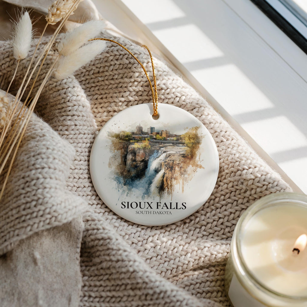 Sioux Falls South Dakota Personalized Watercolor Ornament, Custom Ceramic Christmas gift, Travel Keepsake