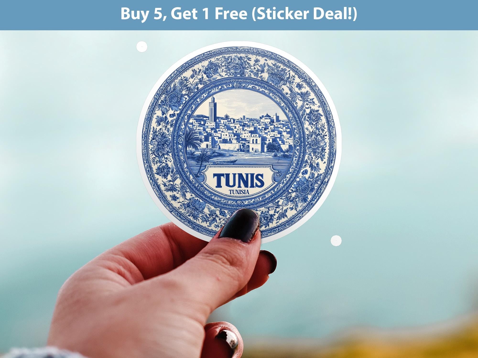 Tunis Tunisia Sticker Vintage Delft style, Delftware Decal Waterproof Vinyl, Blue City Travel