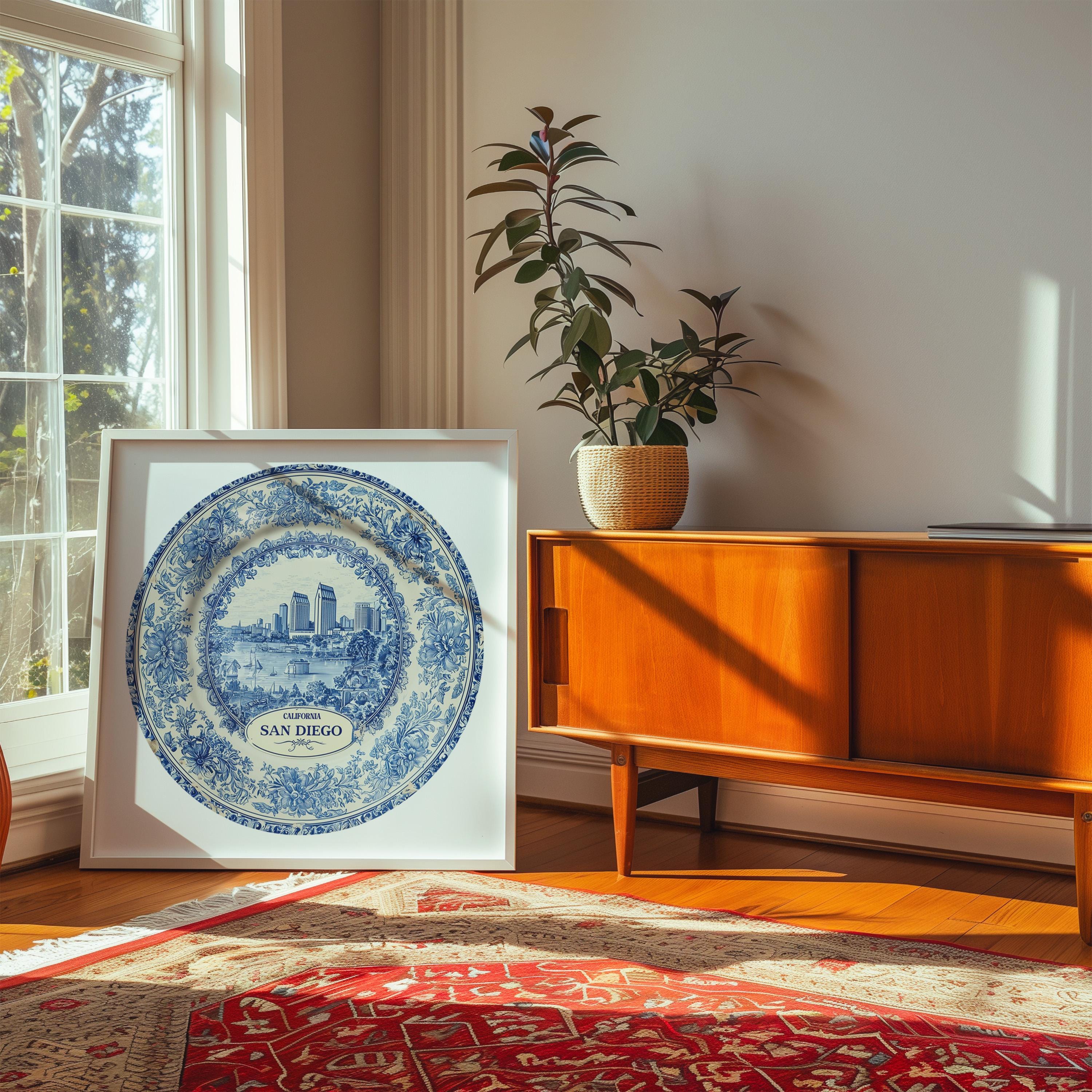 San Diego California Wall Art, Vintage Delft Blue Poster, City Print, Travel Home Decor