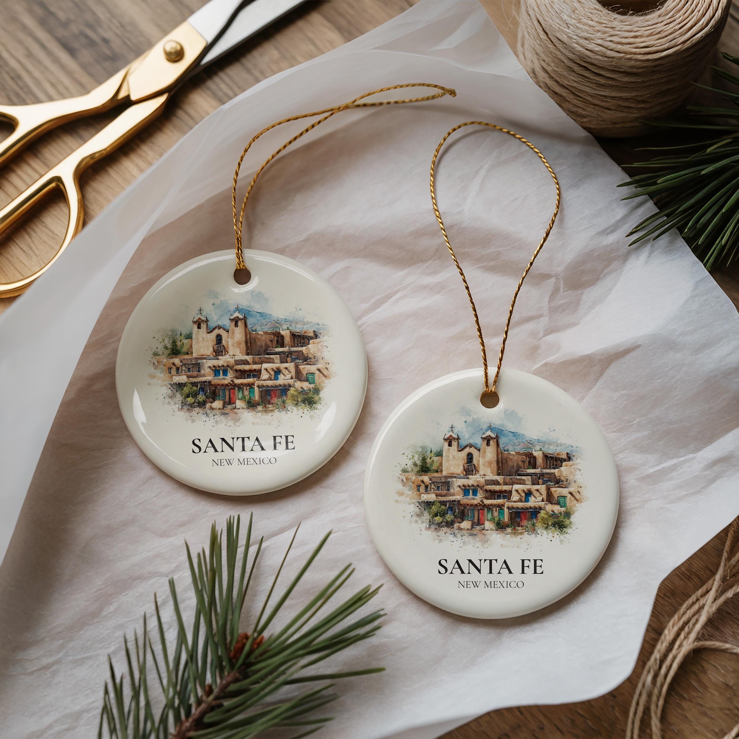 Santa Fe New Mexico Personalized Watercolor Ornament, Custom Ceramic Christmas gift, Travel Keepsake